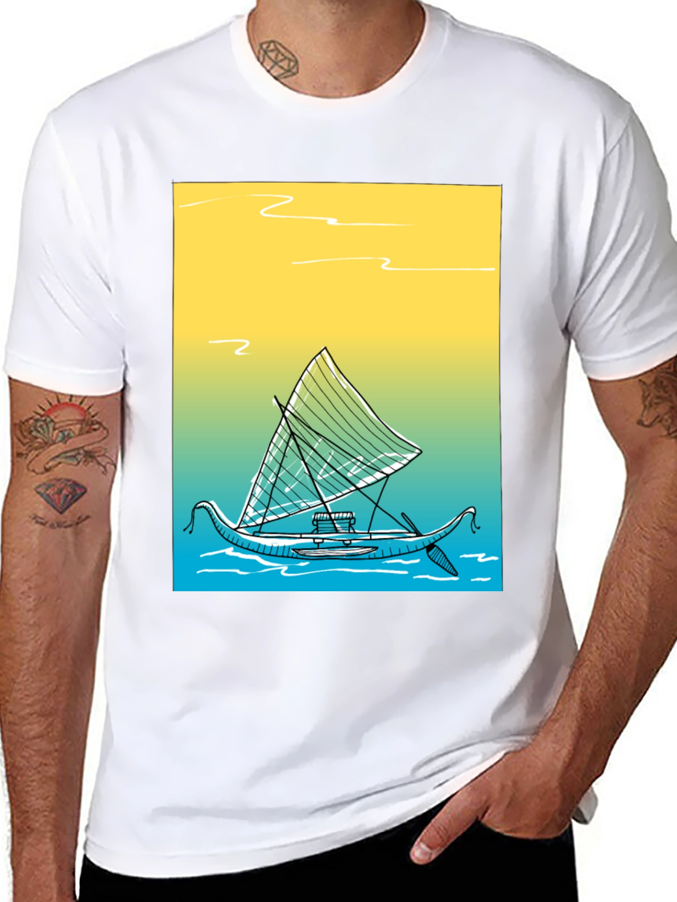 Tropical Boat Graphic Tee - Black Cotton T-Shirt