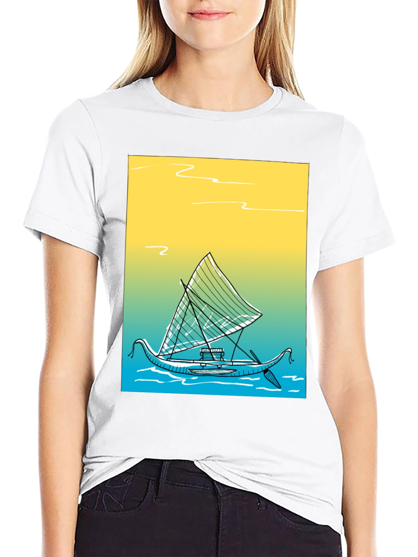 Tropical Boat Graphic Tee - Black Cotton T-Shirt