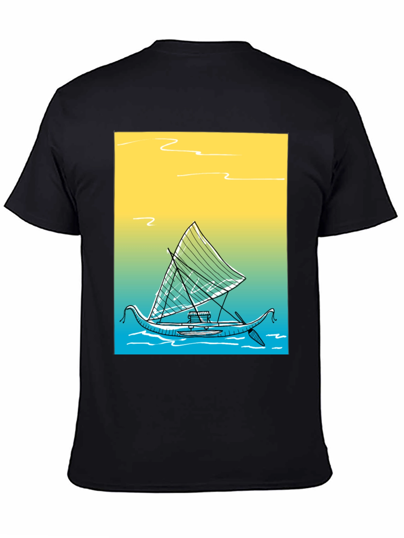 Tropical Boat Graphic Tee - Black Cotton T-Shirt