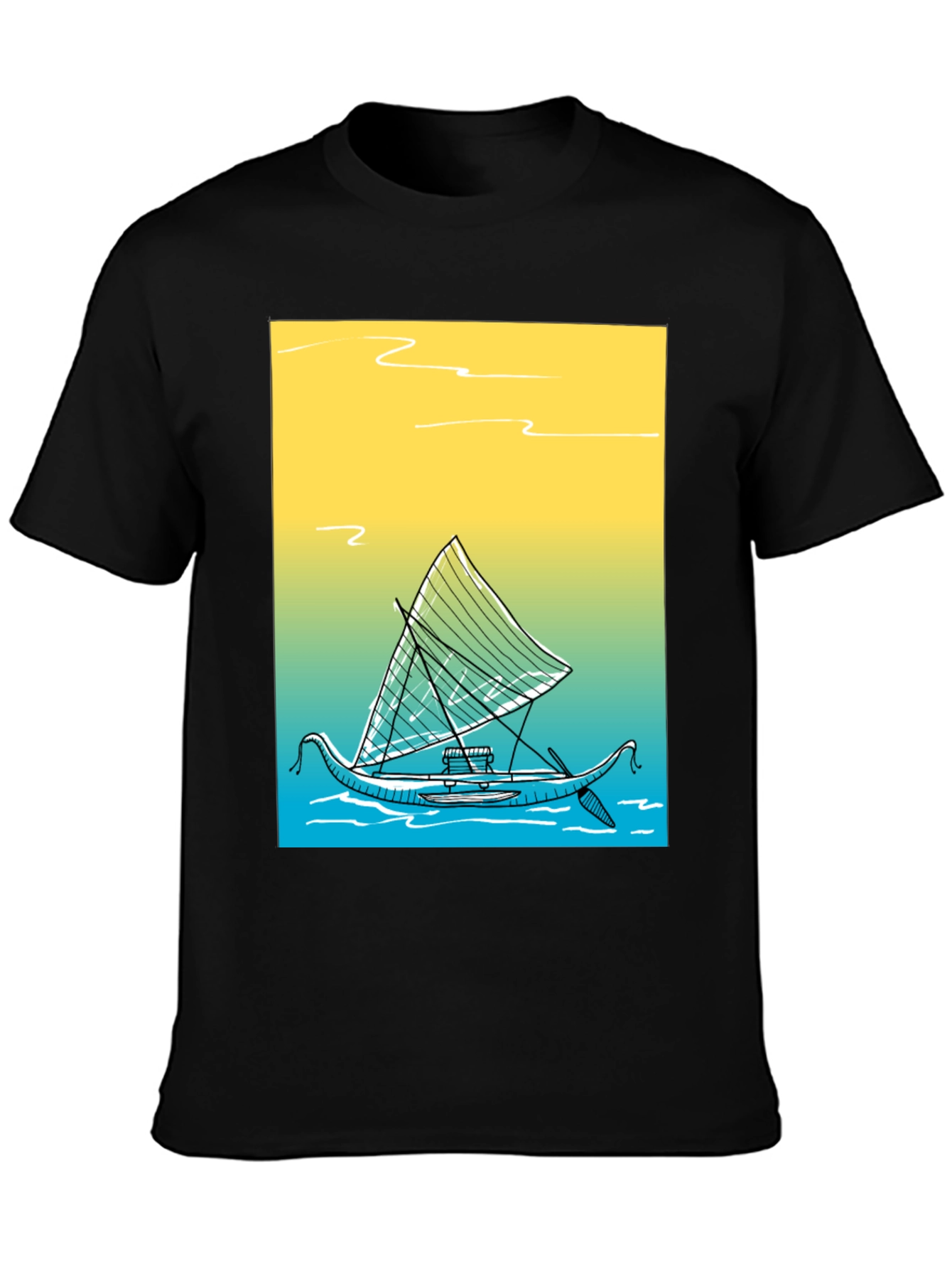 Tropical Boat Graphic Tee - Black Cotton T-Shirt