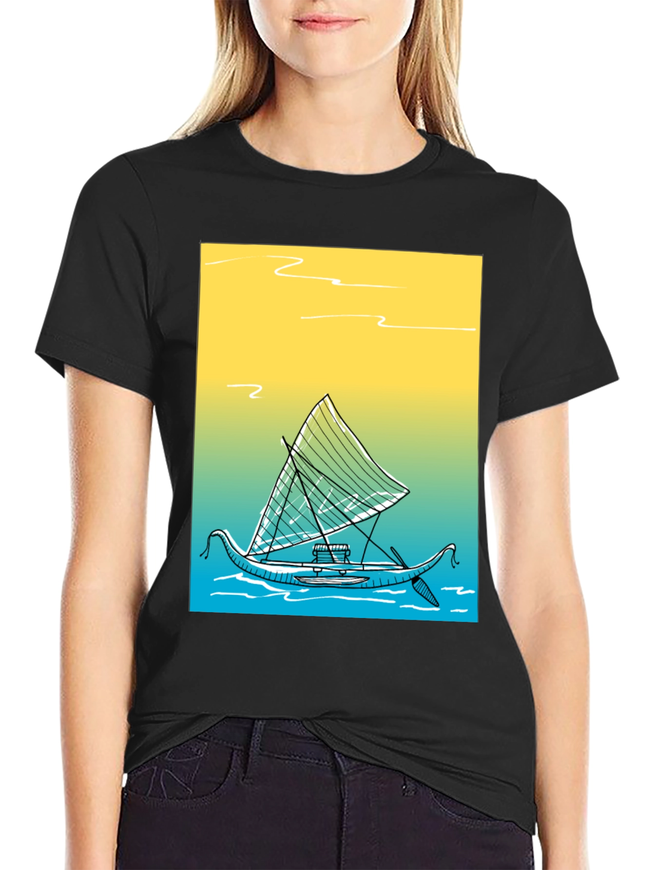 Tropical Boat Graphic Tee - Black Cotton T-Shirt