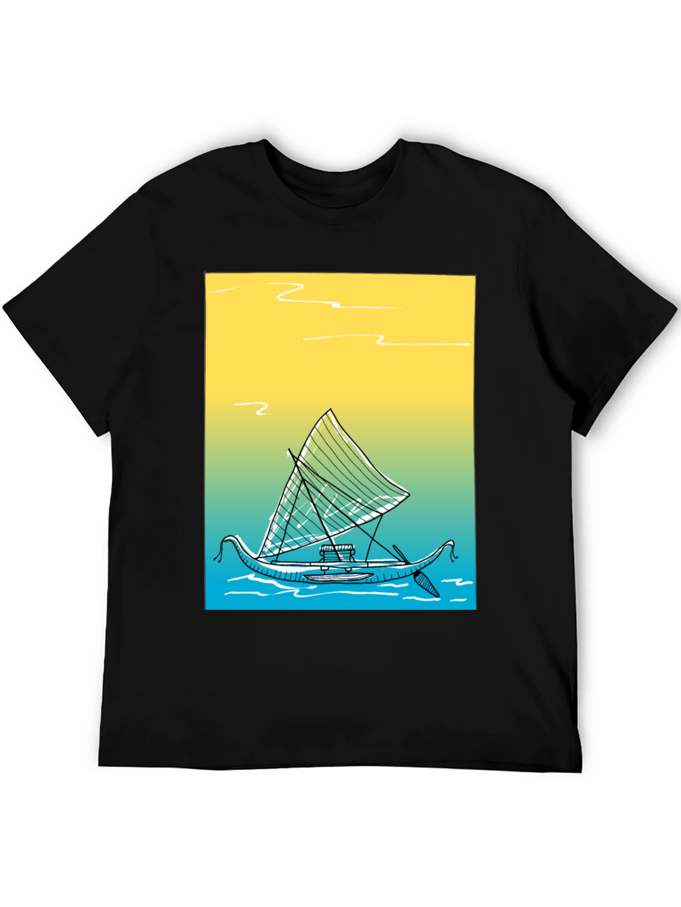 Tropical Boat Graphic Tee - Black Cotton T-Shirt