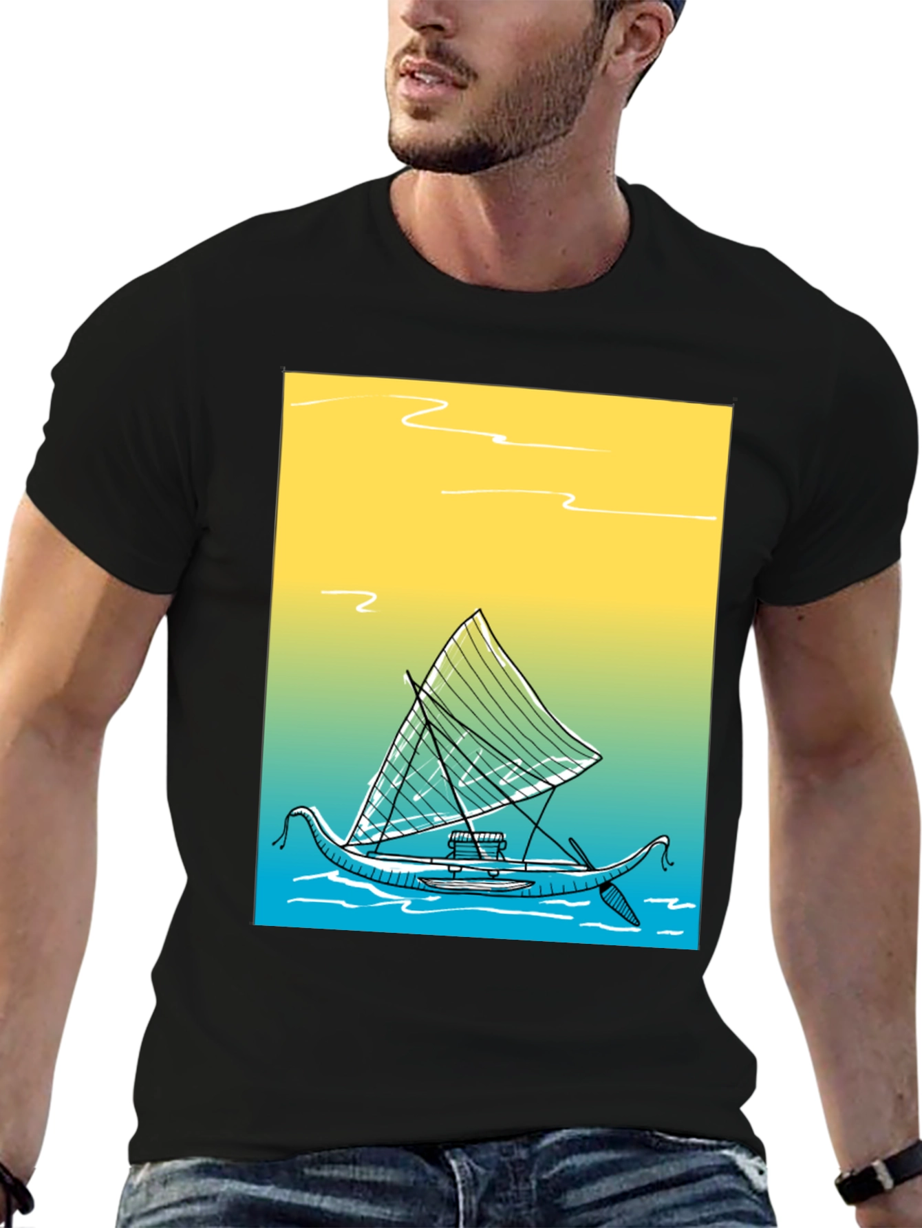 Tropical Boat Graphic Tee - Black Cotton T-Shirt