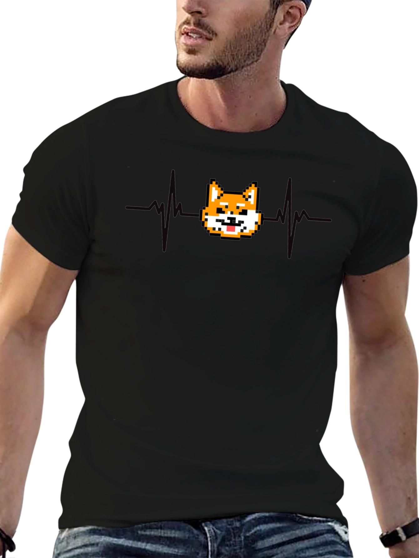 Pixel Doge Heartbeat T-Shirt - Black Cotton Graphic Tee