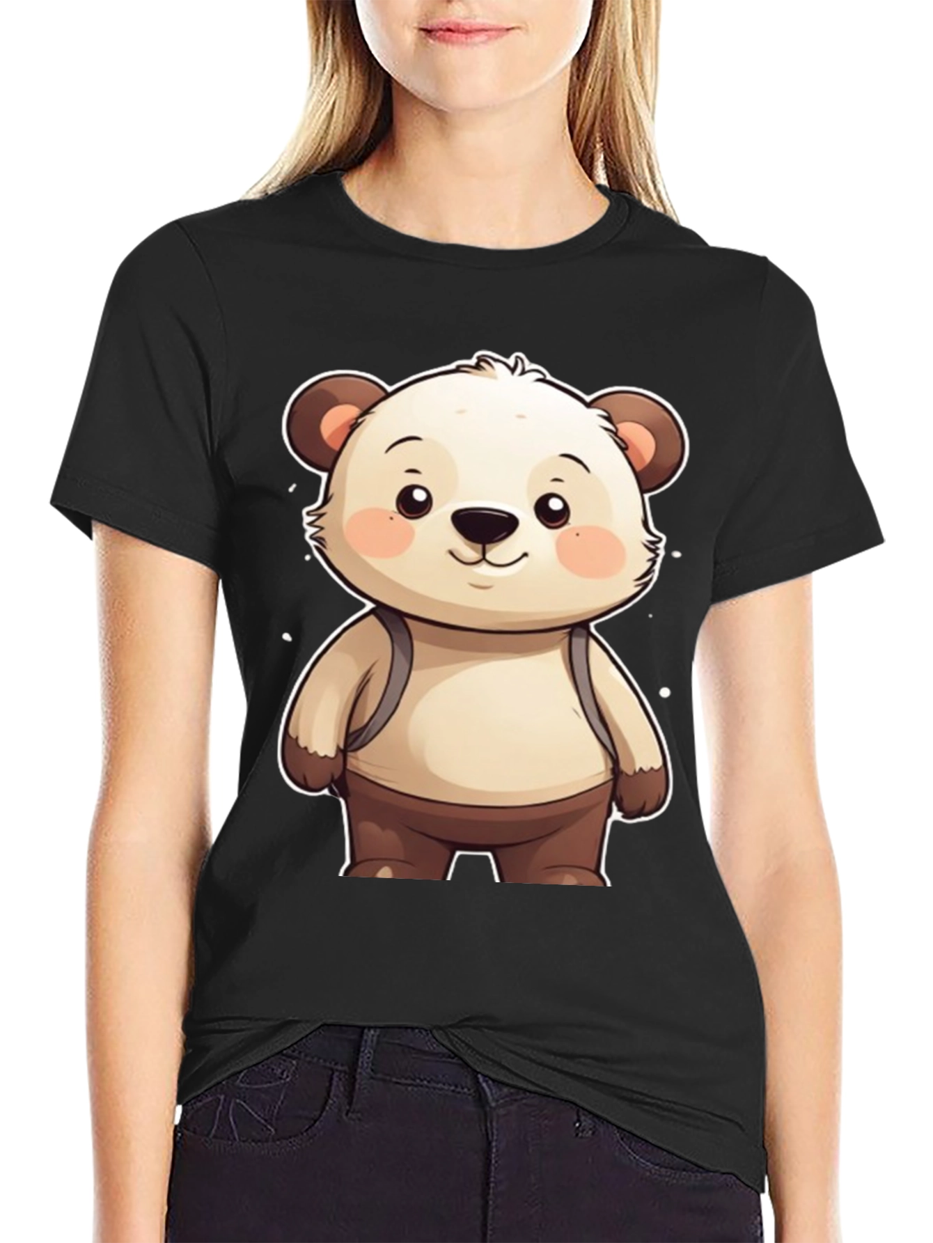 Cute Bear Cartoon Graphic Black T-Shirt
