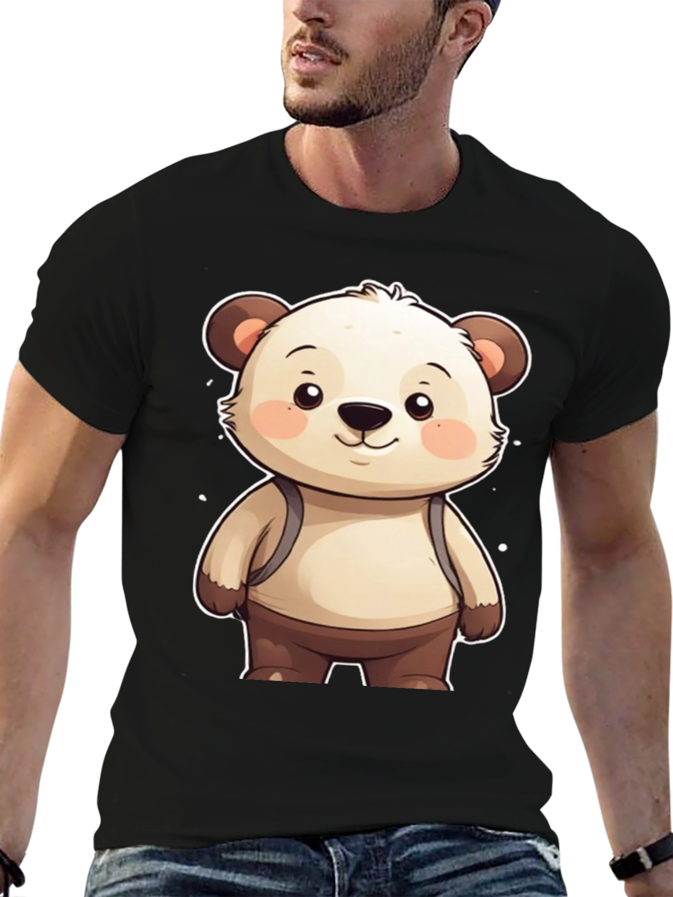 Cute Bear Cartoon Graphic Black T-Shirt