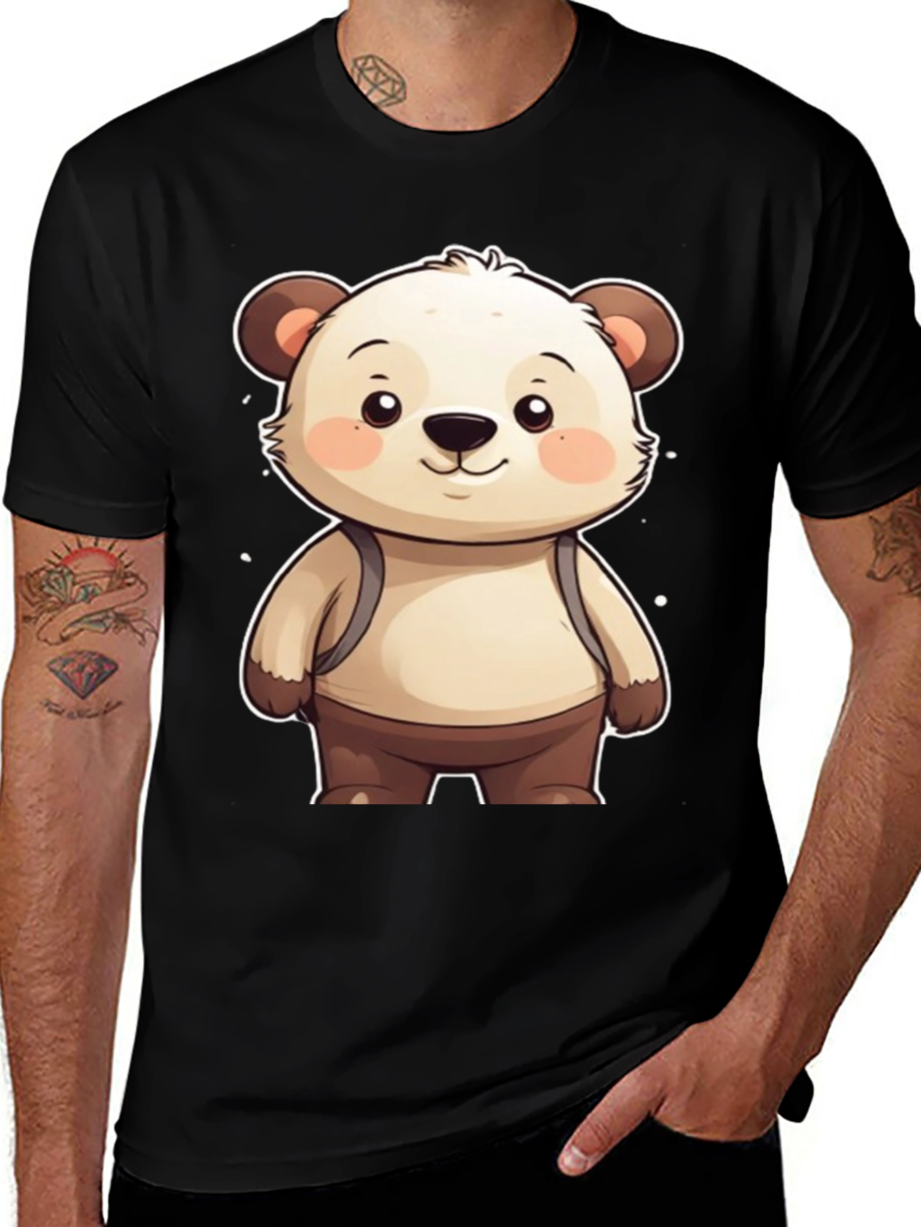 Cute Bear Cartoon Graphic Black T-Shirt