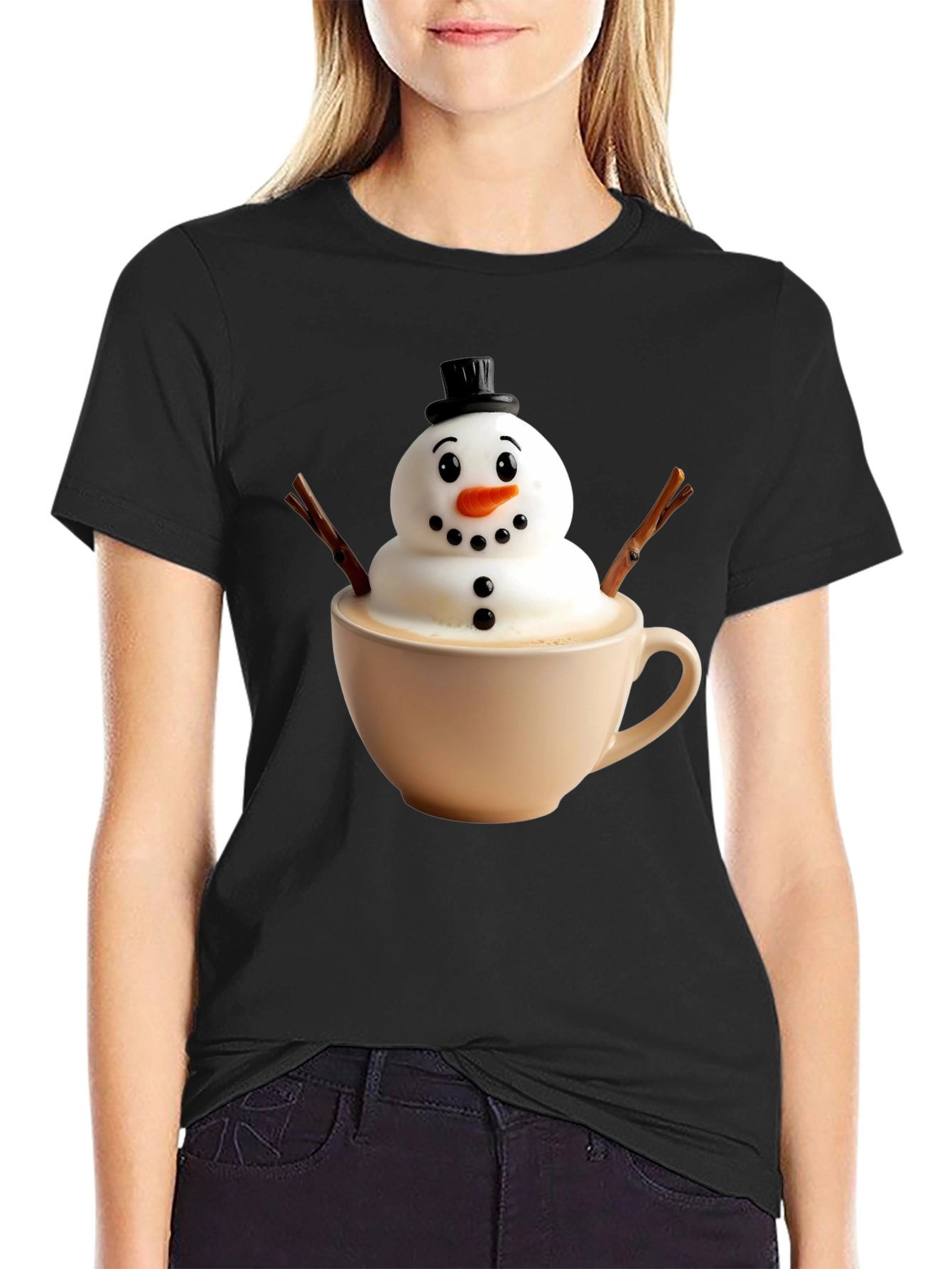 Whimsical Snowman Latte Art T-Shirt