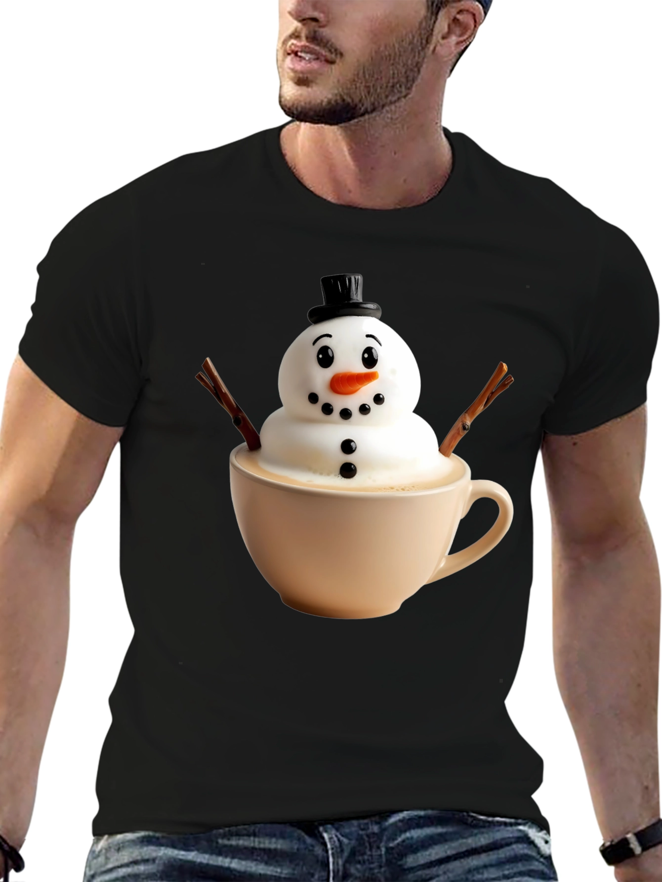 Whimsical Snowman Latte Art T-Shirt