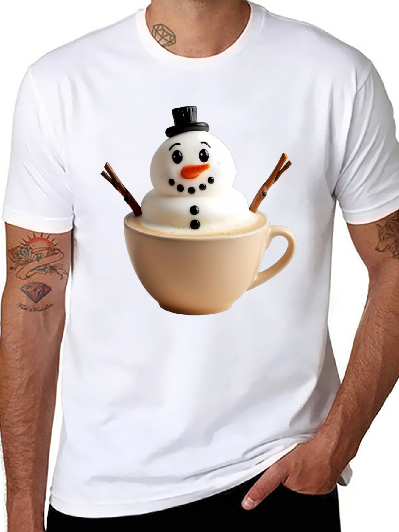 Whimsical Snowman Latte Art T-Shirt