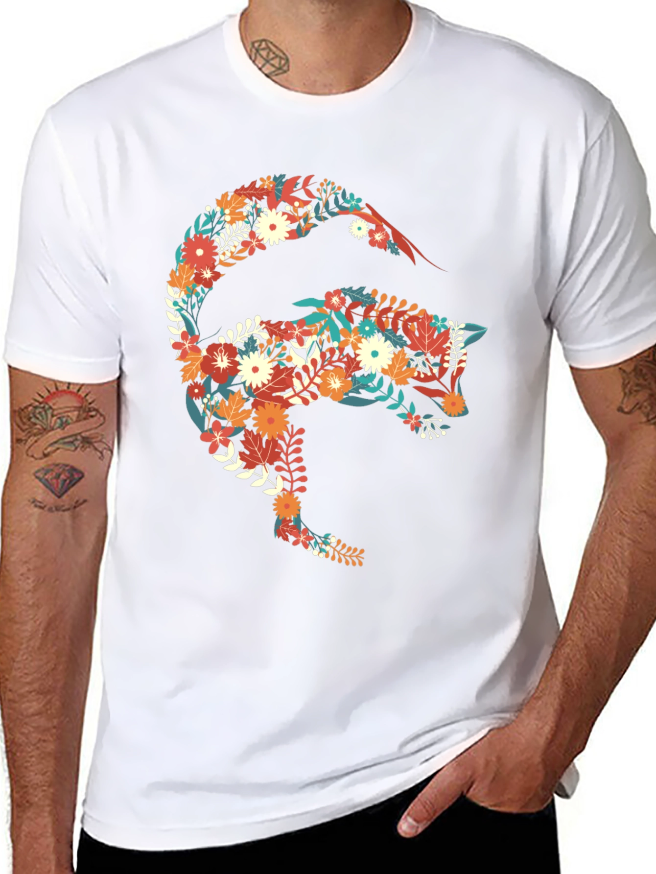 Floral Fox Graphic Print Black T-Shirt