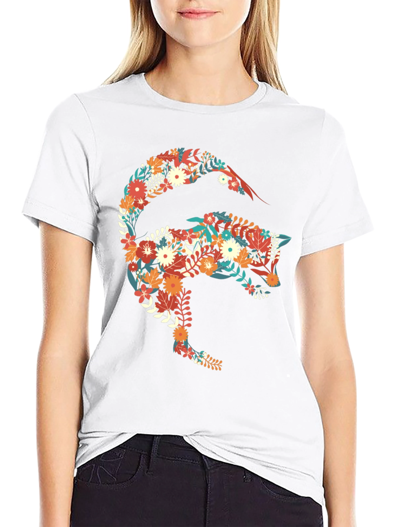 Floral Fox Graphic Print Black T-Shirt
