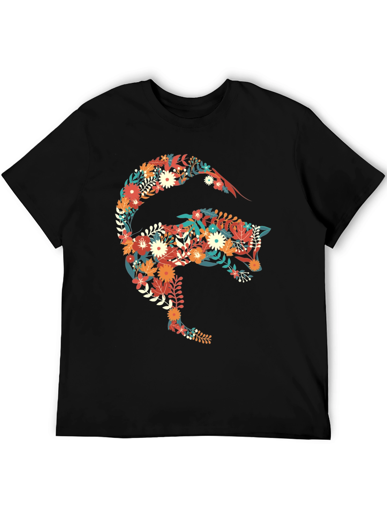 Floral Fox Graphic Print Black T-Shirt