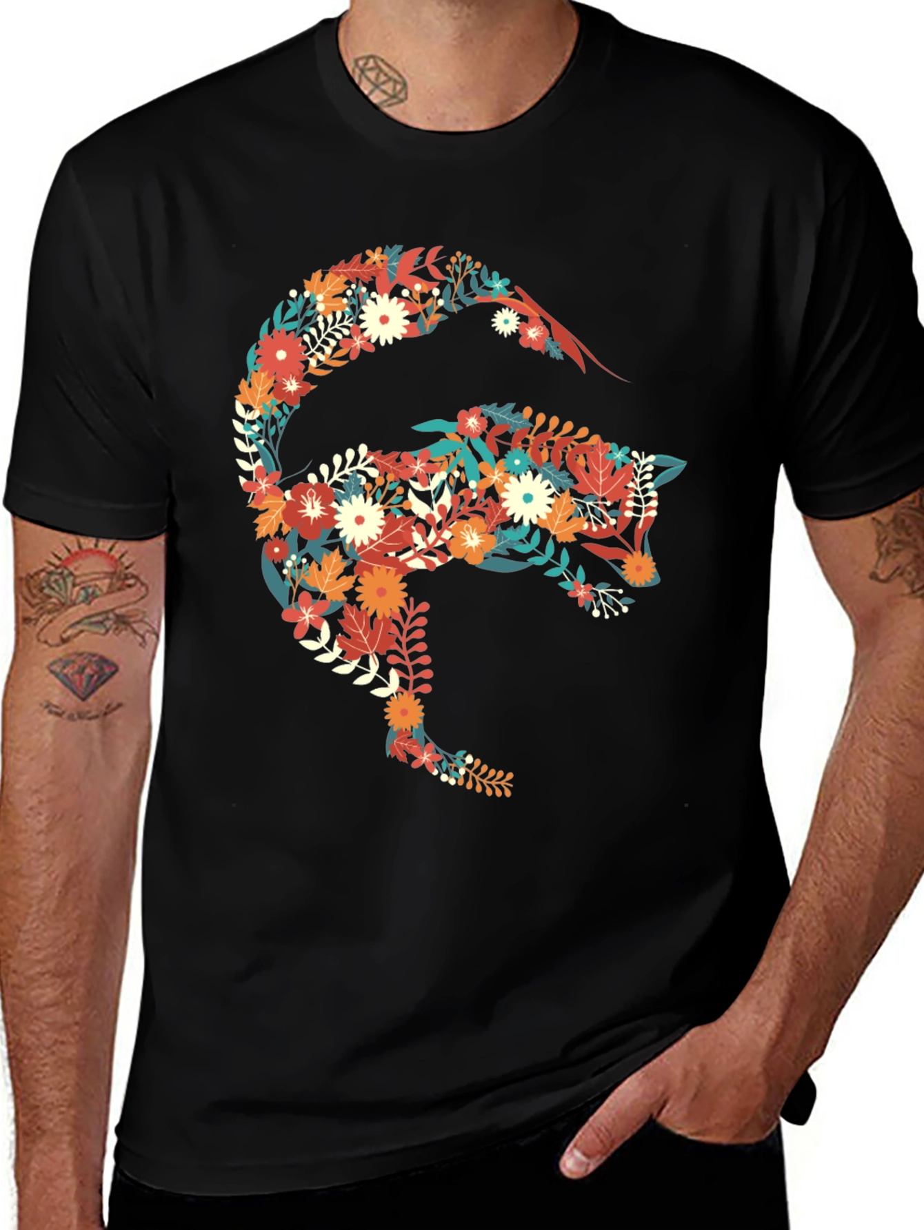 Floral Fox Graphic Print Black T-Shirt