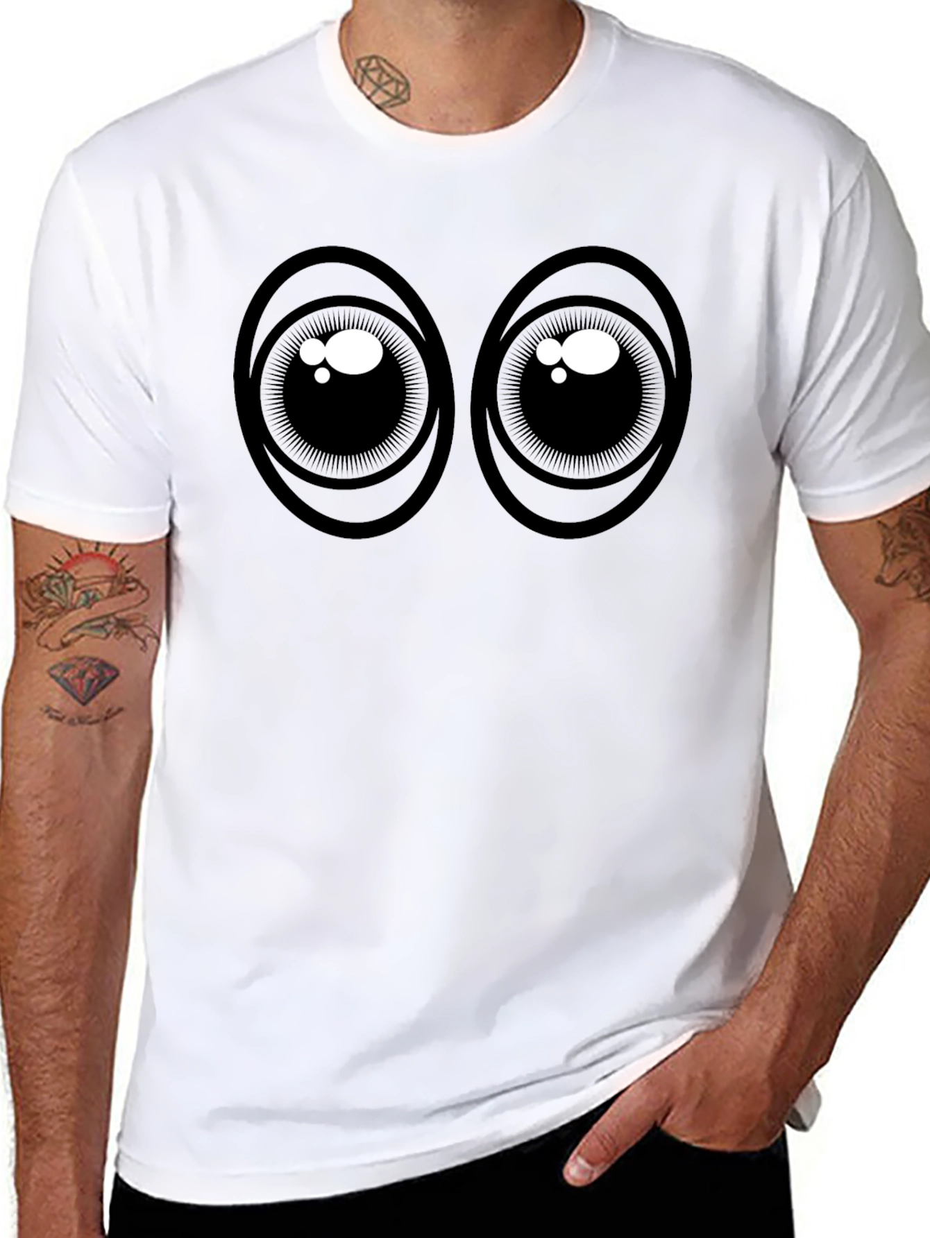 Cartoon Eyes Graphic Tee - Black Cotton T-Shirt