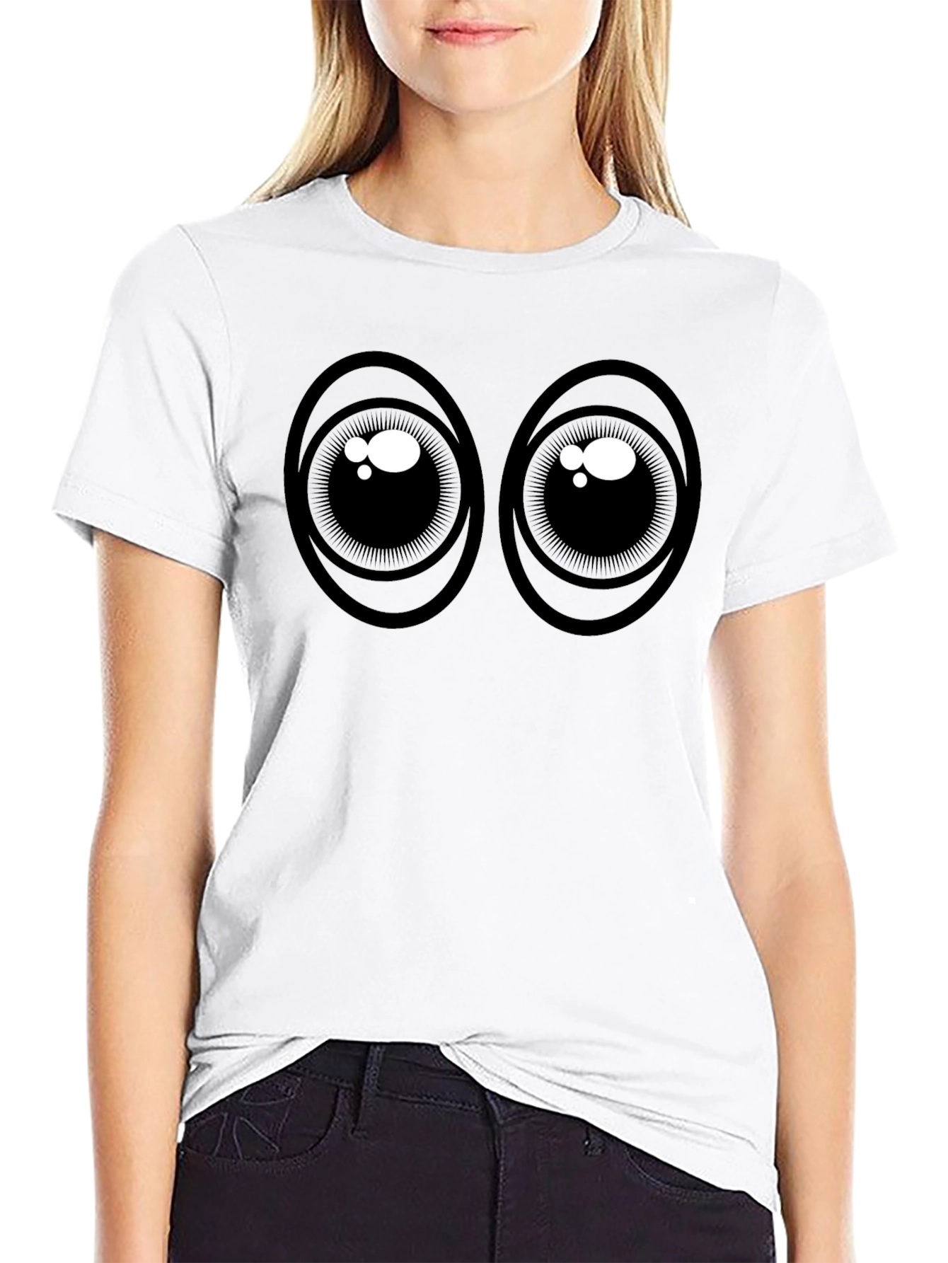 Cartoon Eyes Graphic Tee - Black Cotton T-Shirt