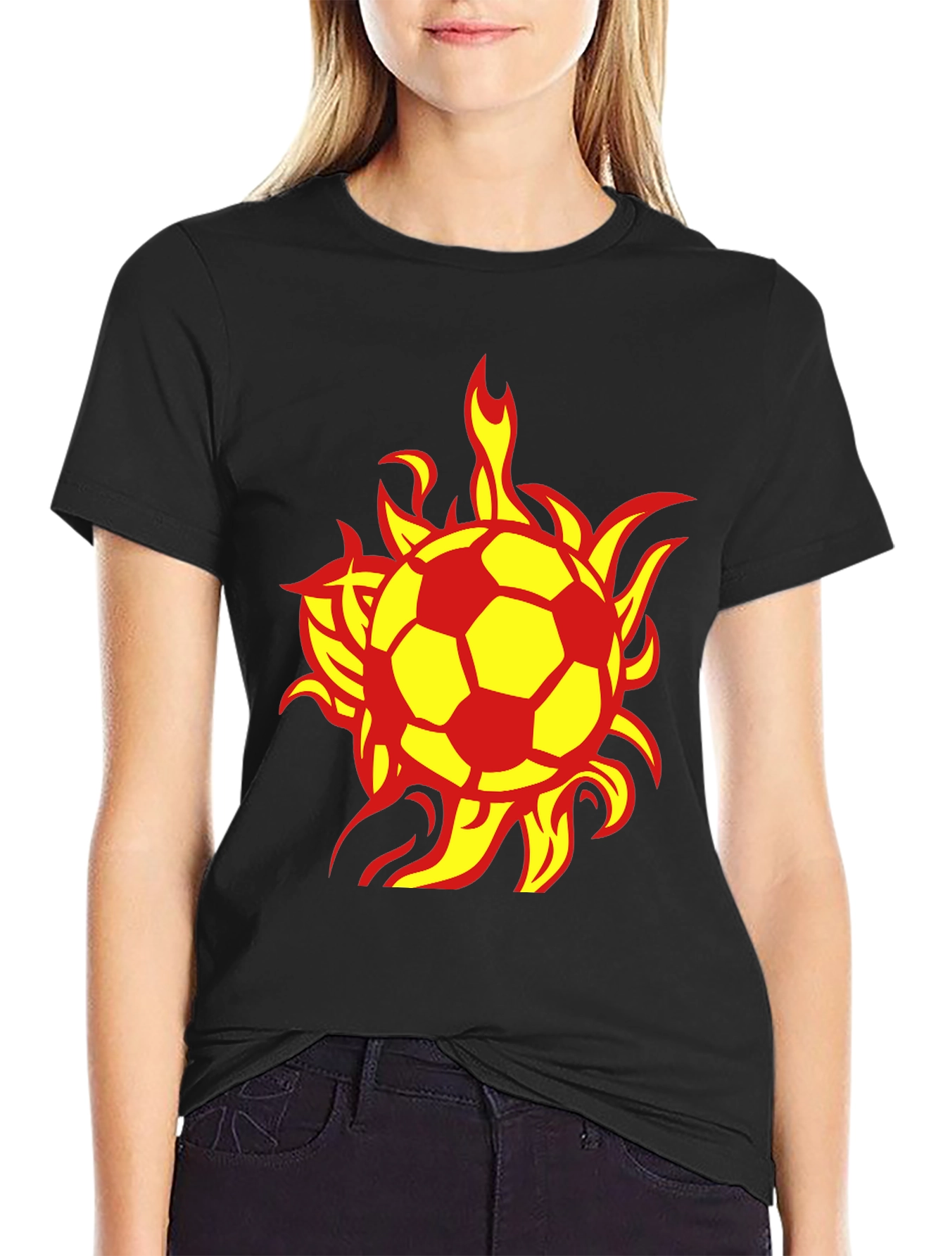 Flaming Soccer Ball Graphic Tee - Black Cotton T-Shirt