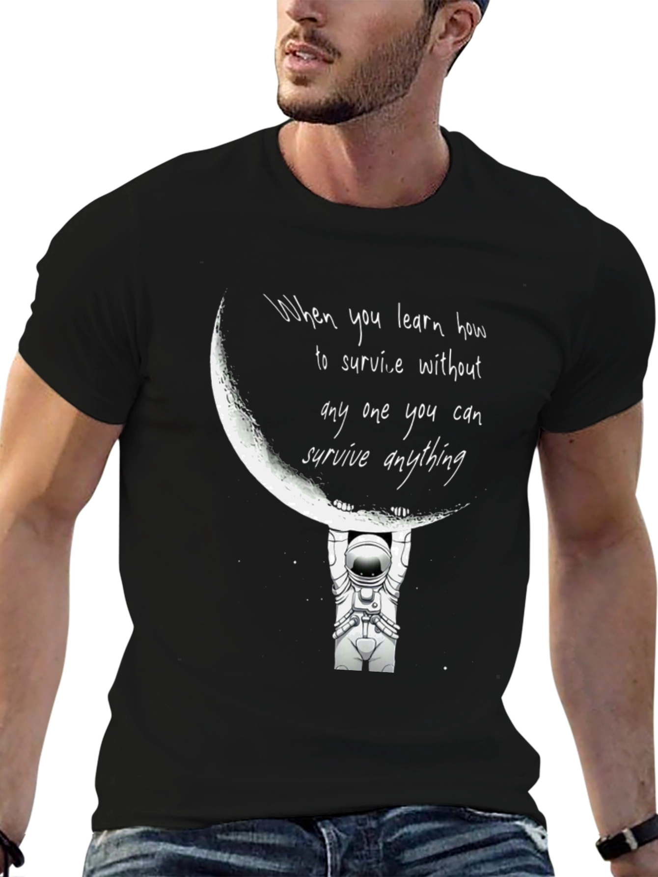 Astronaut Moon Lift Black Graphic T-Shirt