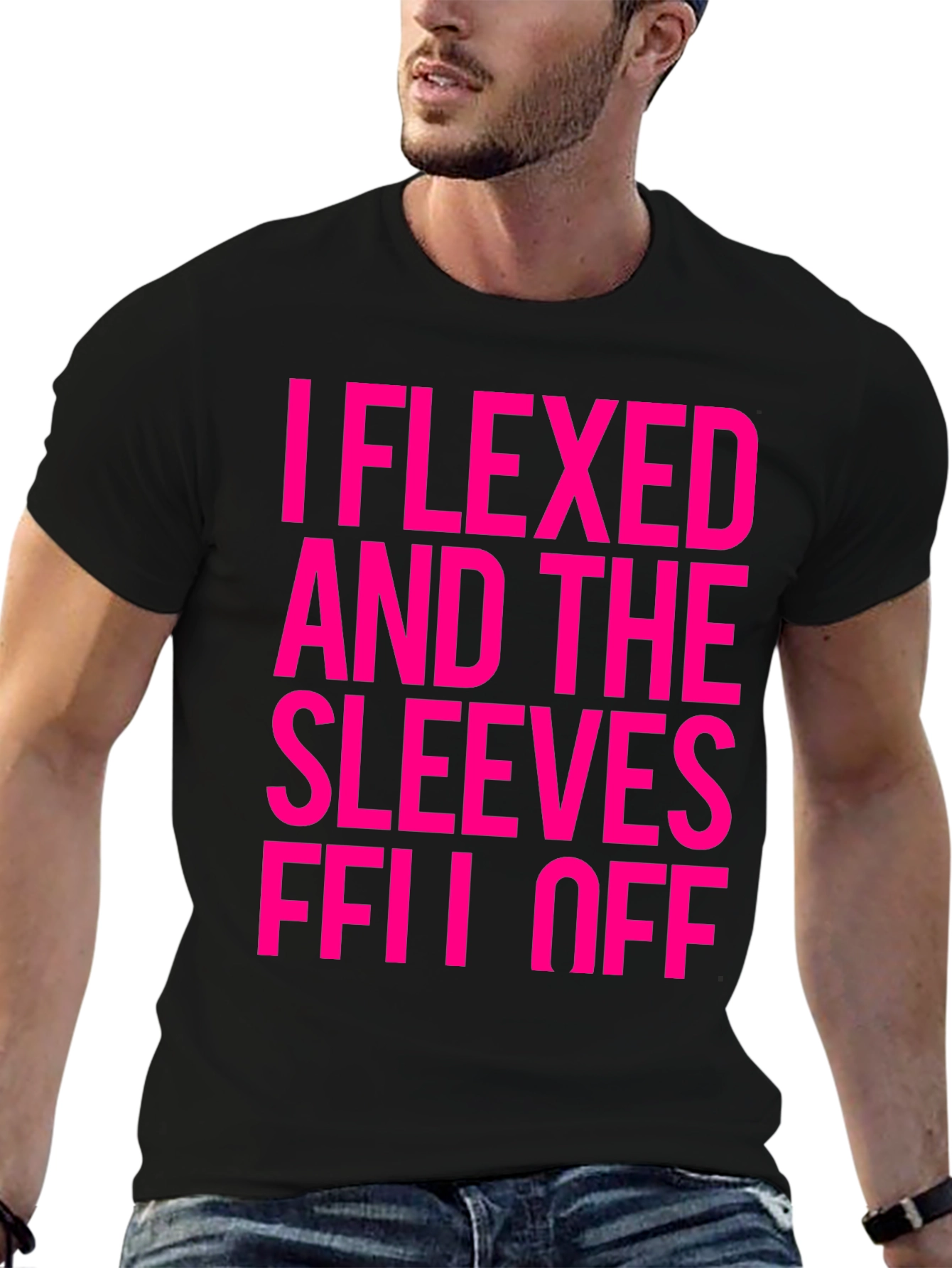 Funny Flexed Sleeves Off Graphic Tee - Black