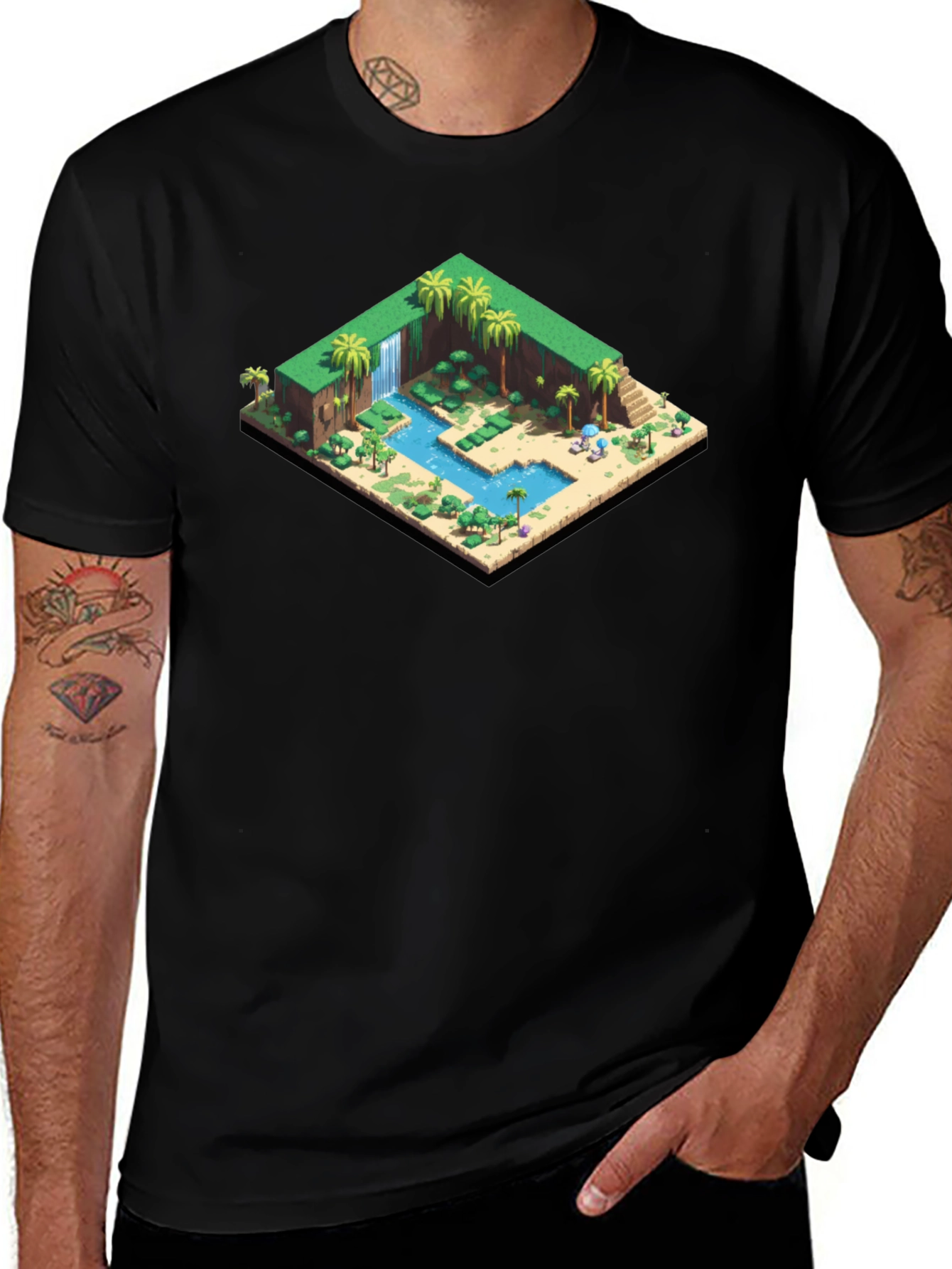 Isometric Oasis Graphic Tee - Black Cotton Casual Shirt