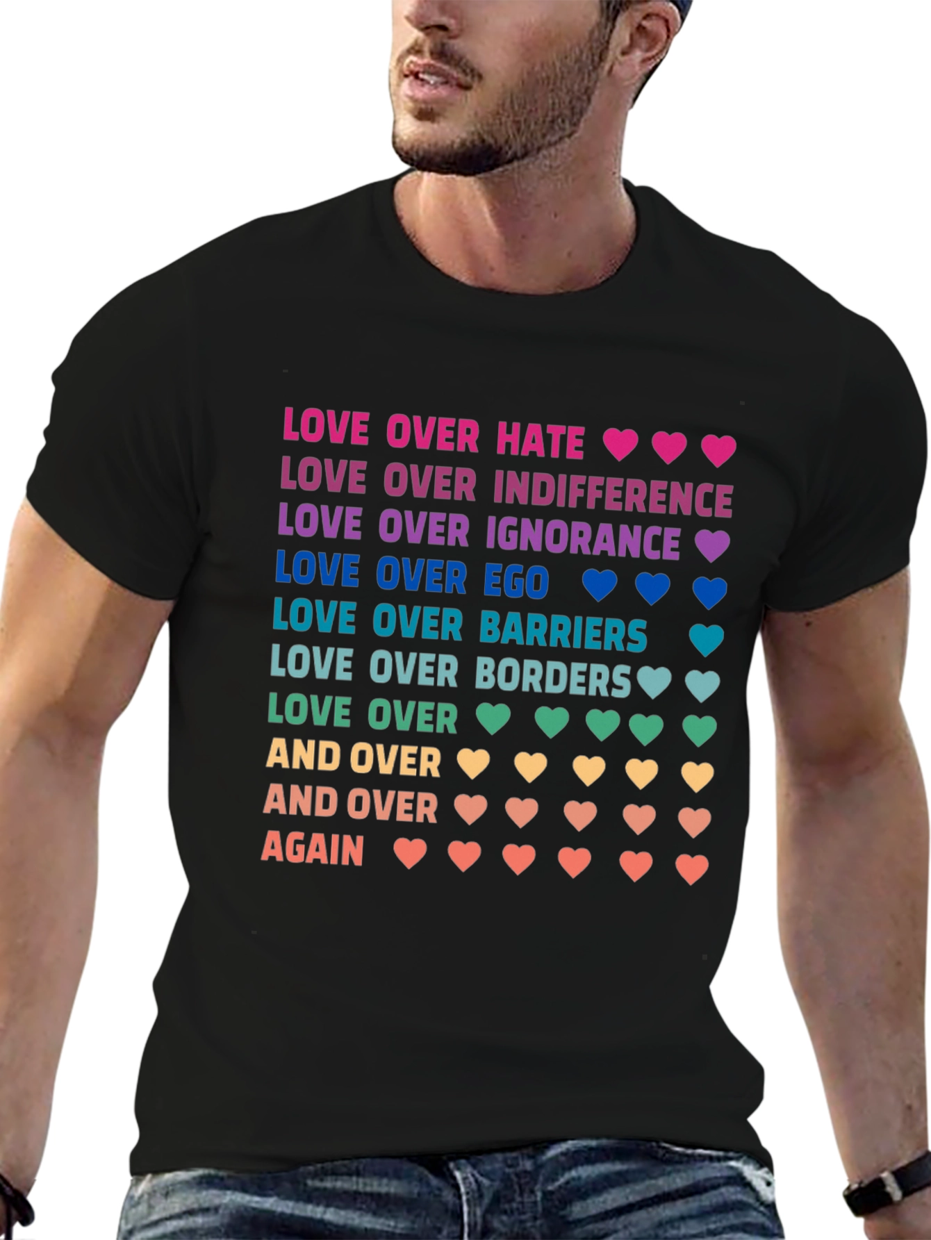 Love Over Hate Rainbow Text Graphic Tee