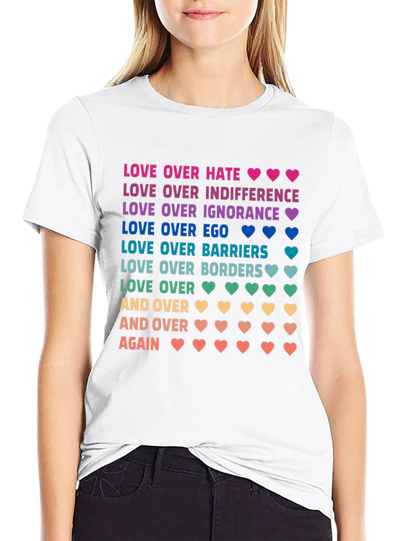 Love Over Hate Rainbow Text Graphic Tee