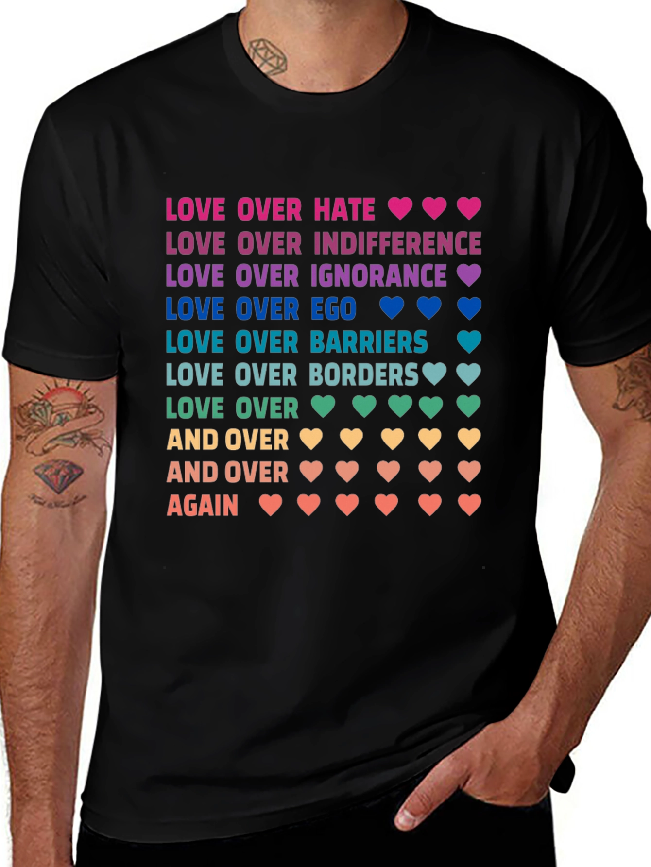 Love Over Hate Rainbow Text Graphic Tee