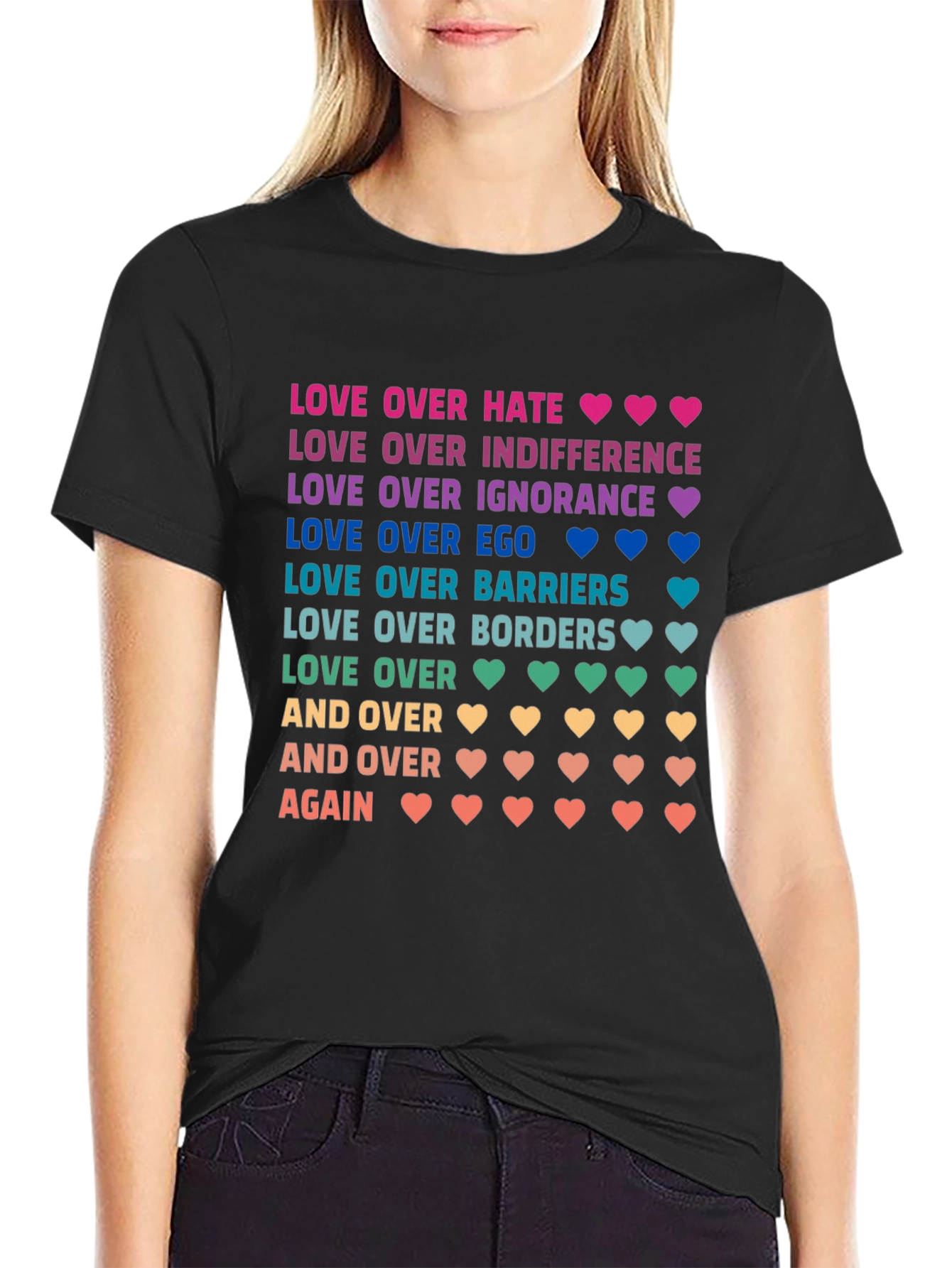 Love Over Hate Rainbow Text Graphic Tee