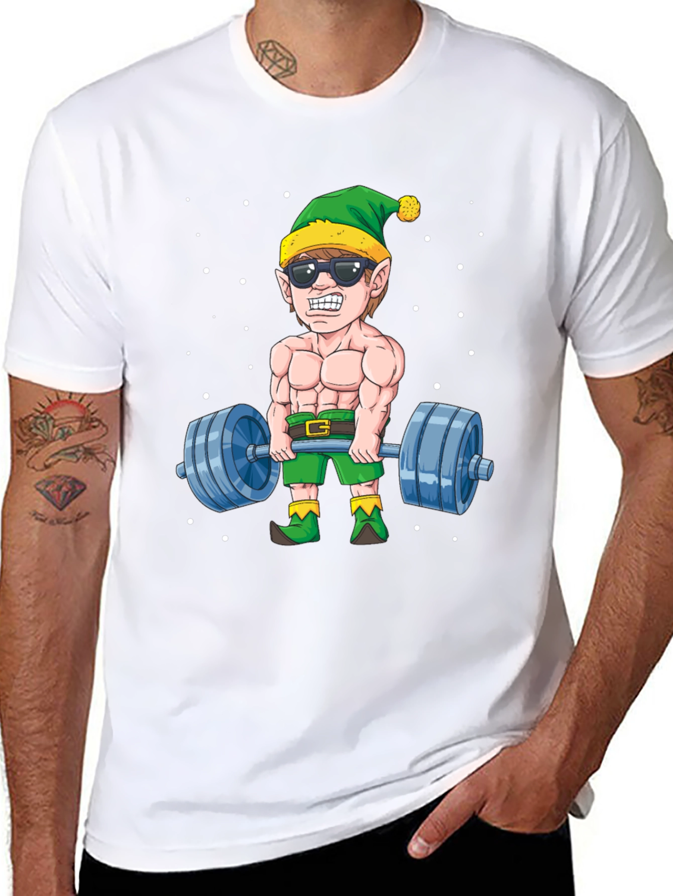 Funny Christmas Elf Lifting Weights T-Shirt
