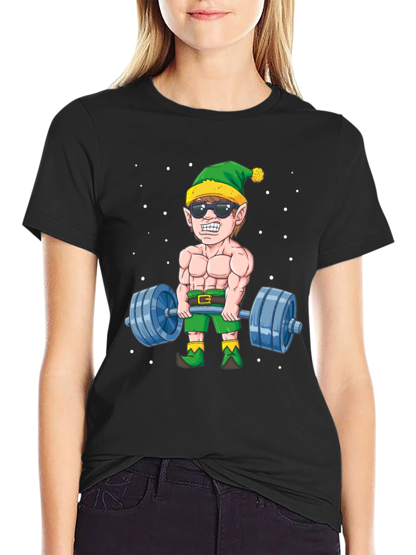 Funny Christmas Elf Lifting Weights T-Shirt