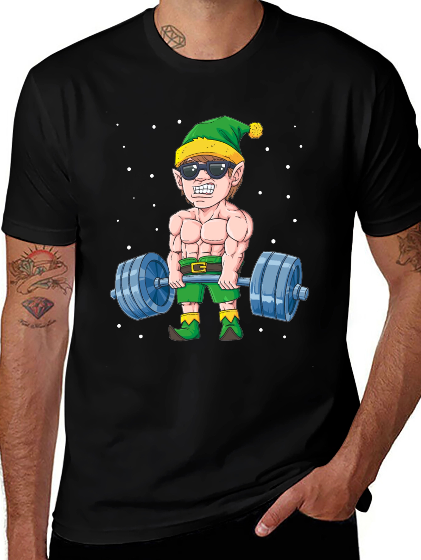 Funny Christmas Elf Lifting Weights T-Shirt