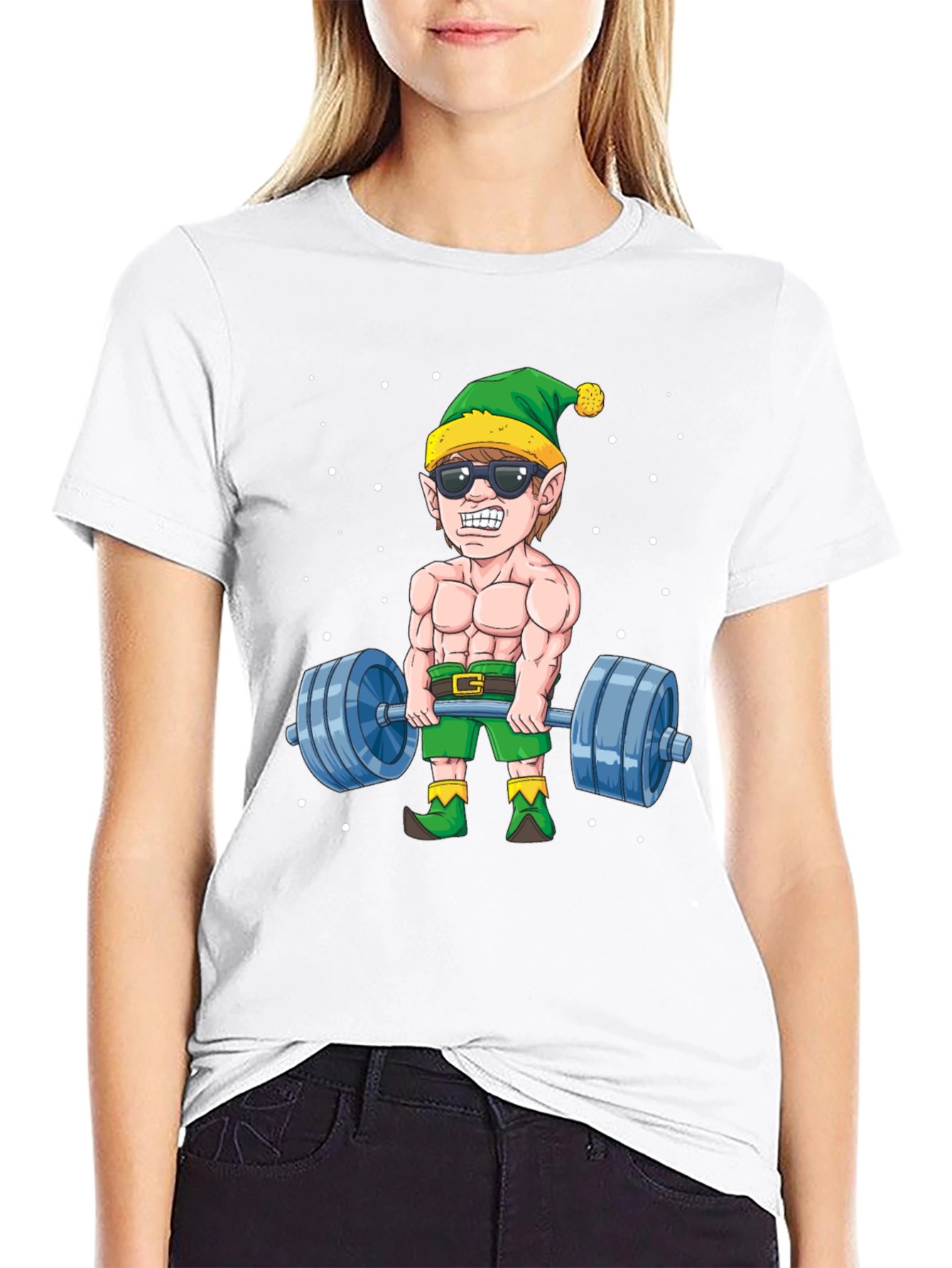 Funny Christmas Elf Lifting Weights T-Shirt