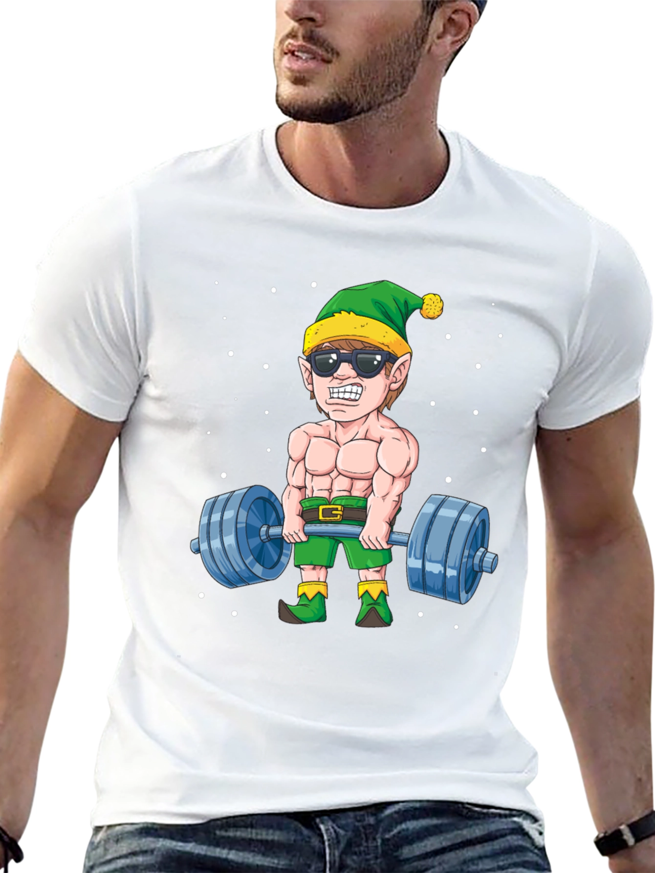Funny Christmas Elf Lifting Weights T-Shirt
