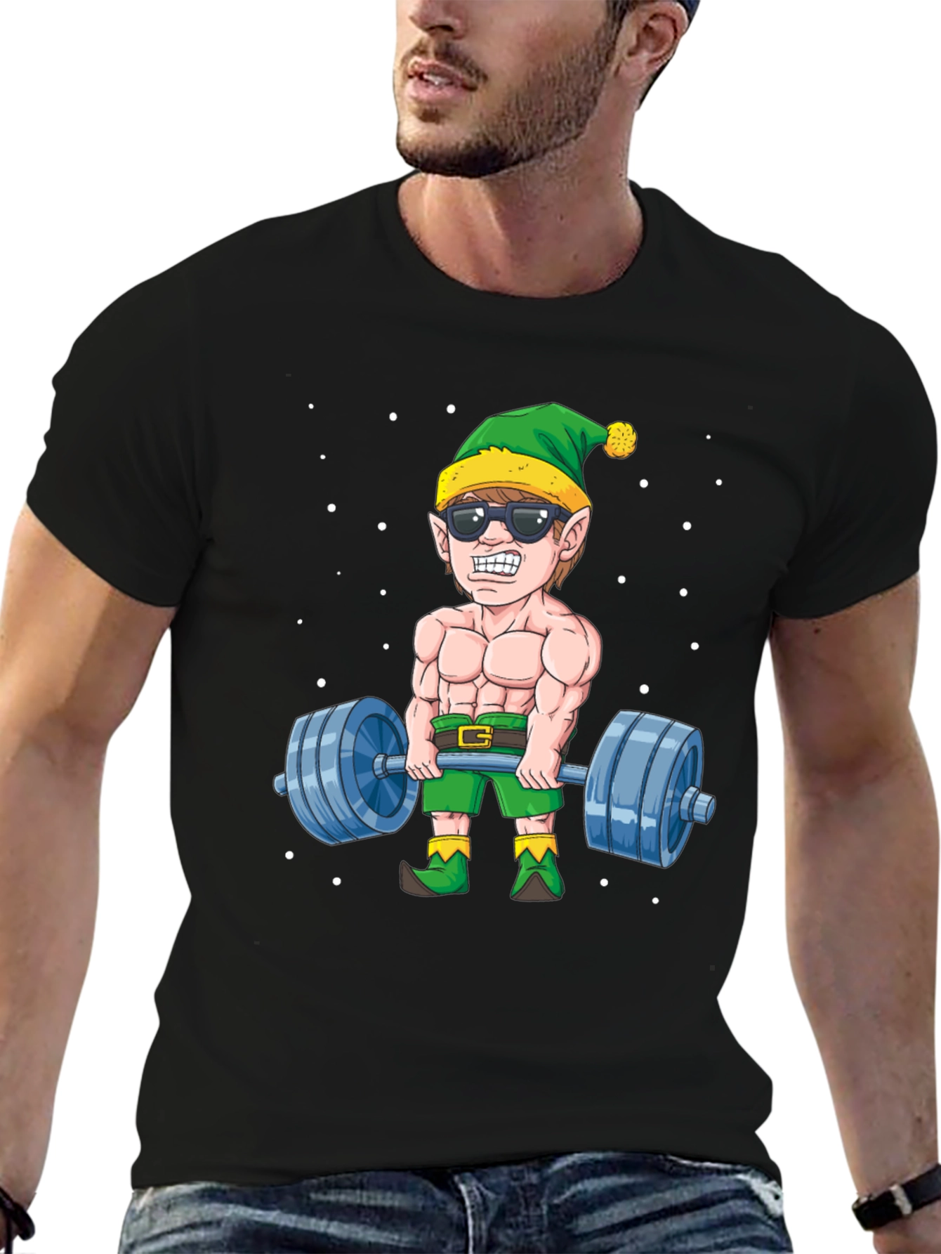Funny Christmas Elf Lifting Weights T-Shirt