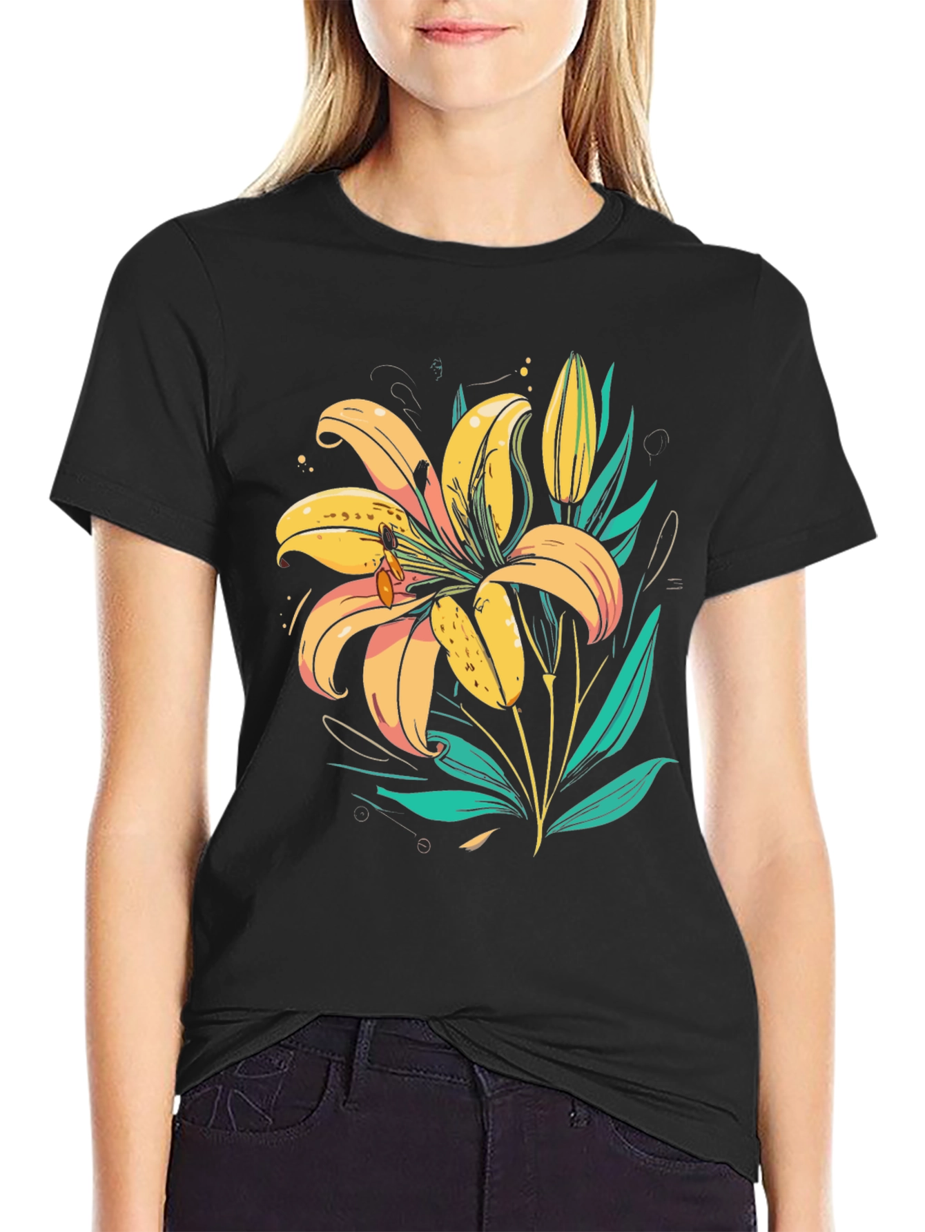 Floral Lily Graphic Tee - Trendy Black T-Shirt