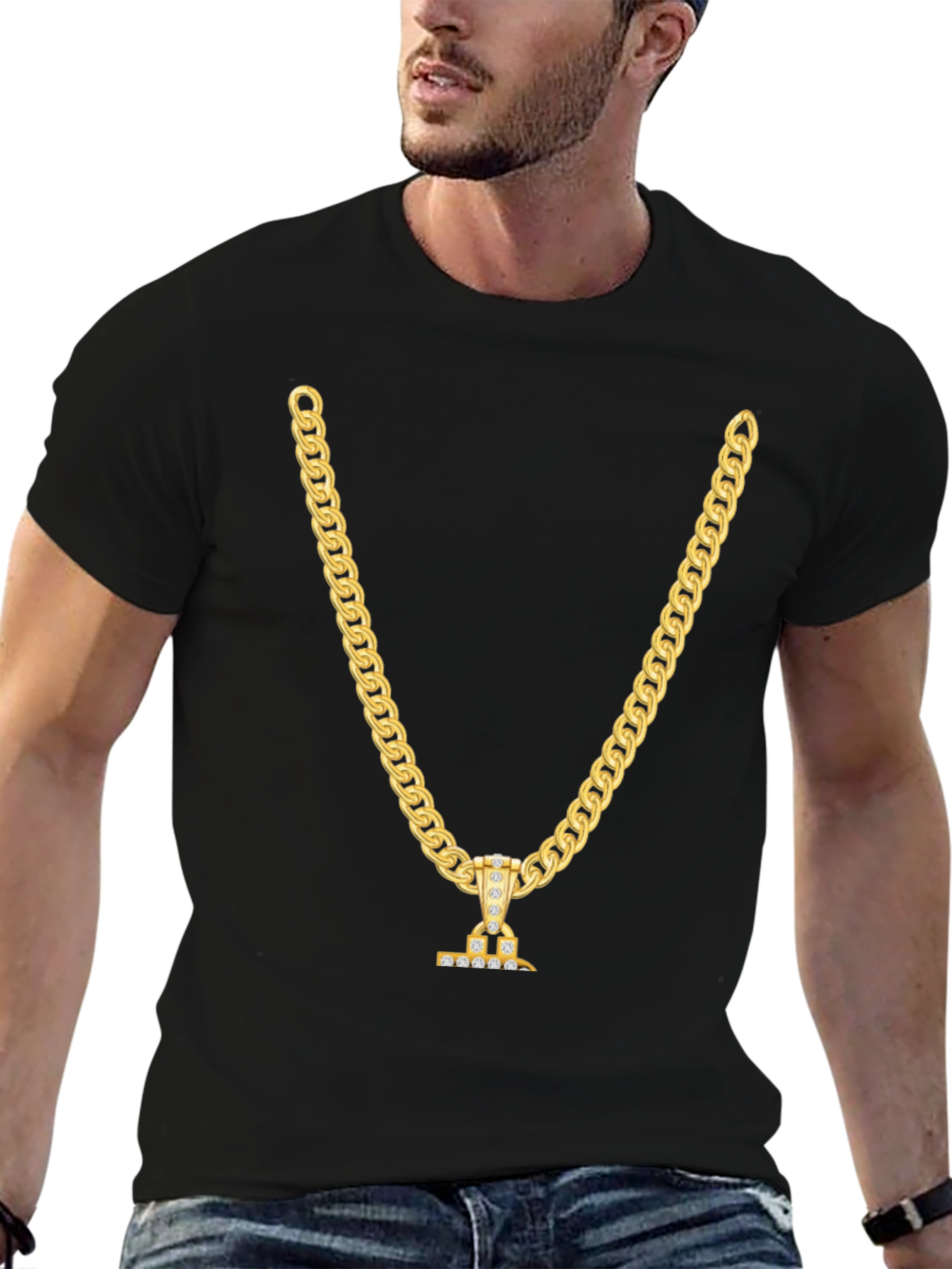 Gold Chain Print Black T-Shirt