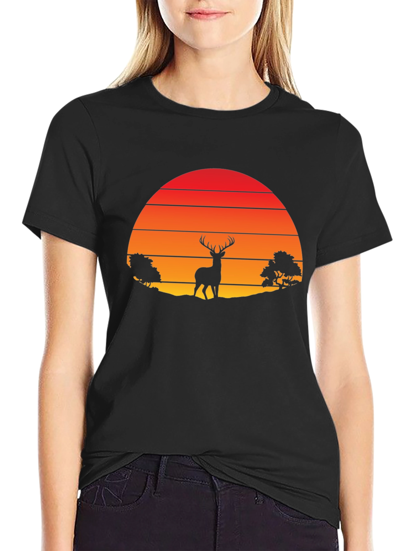 Retro Deer Silhouette T-Shirt - Sunset Graphic Tee