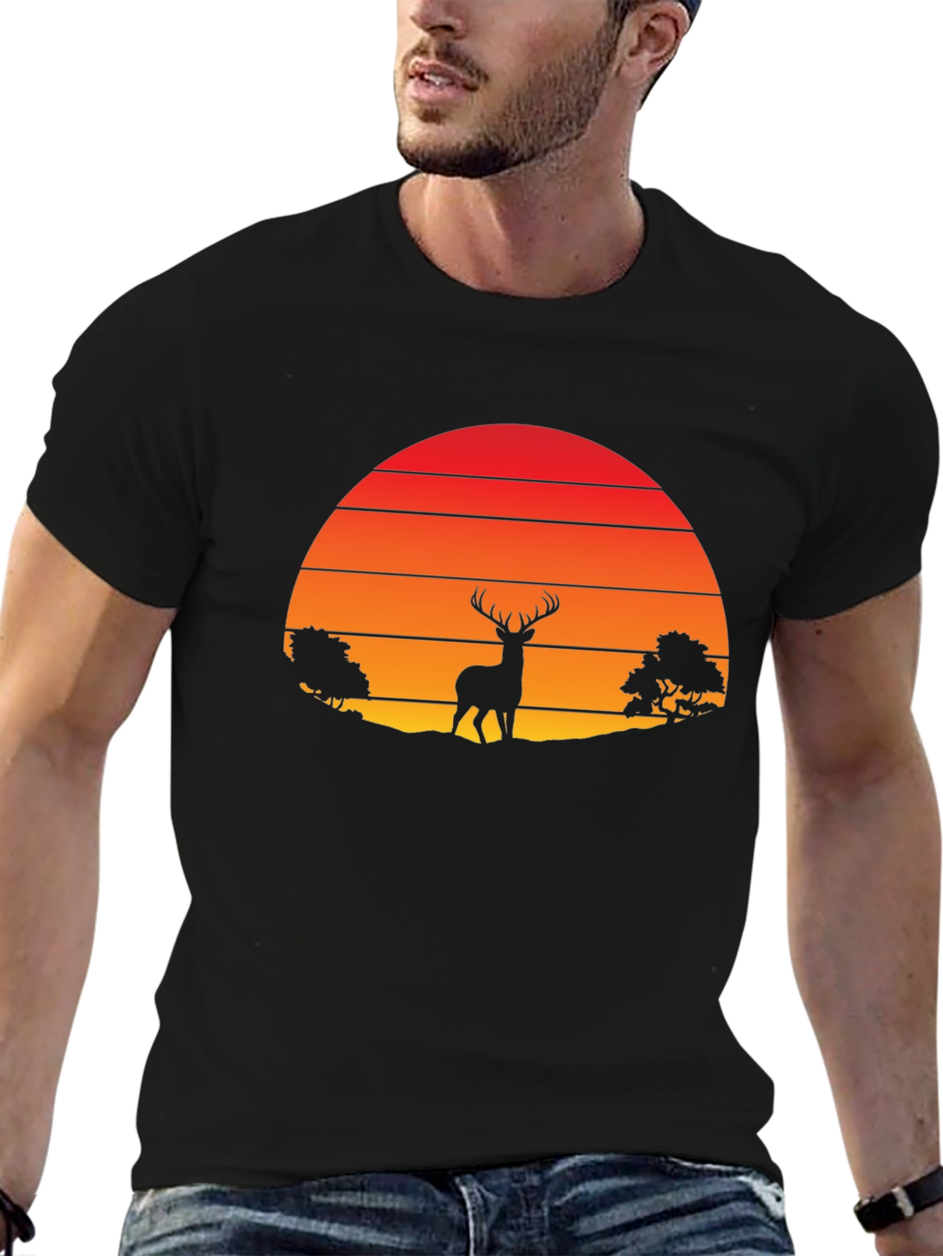 Retro Deer Silhouette T-Shirt - Sunset Graphic Tee