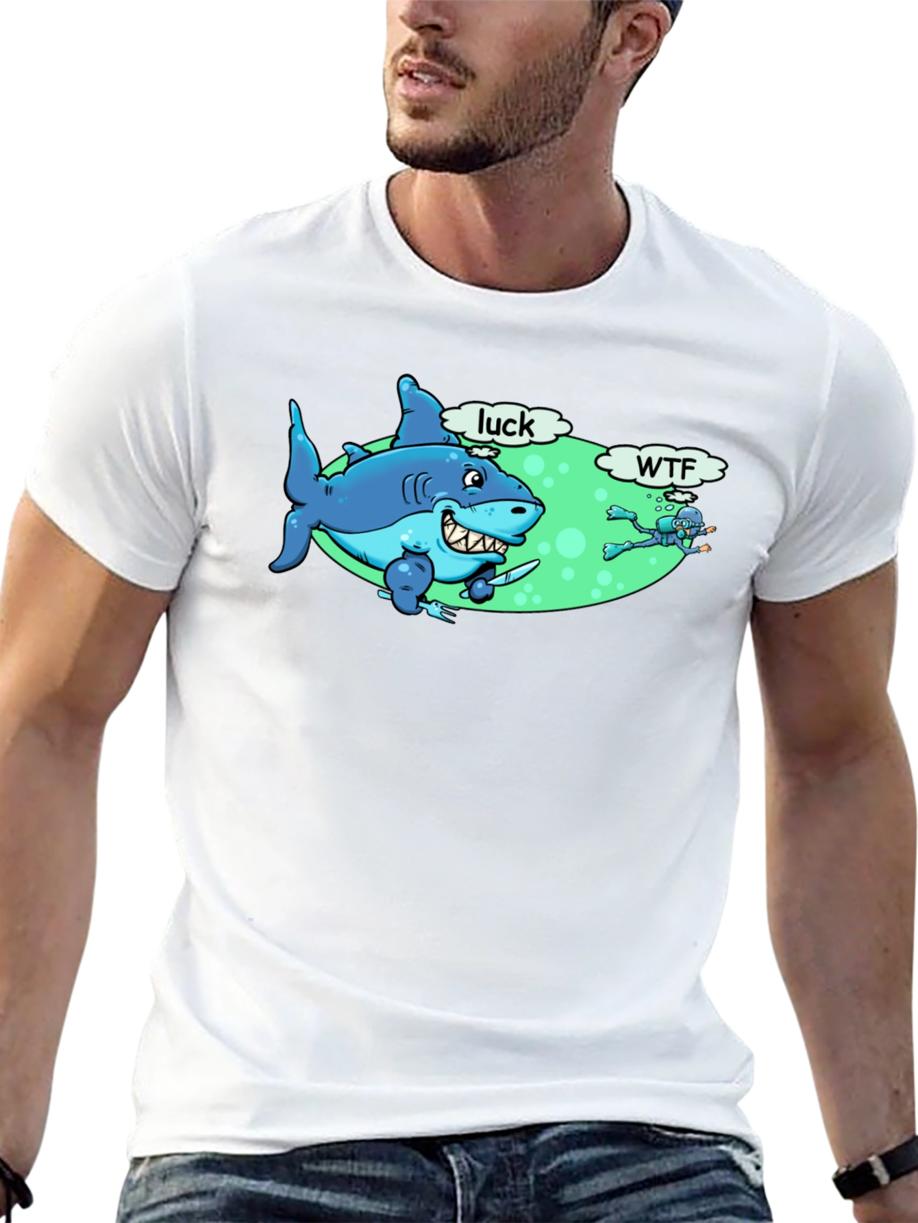 Funny Shark Luck WTF Mens Black T-Shirt