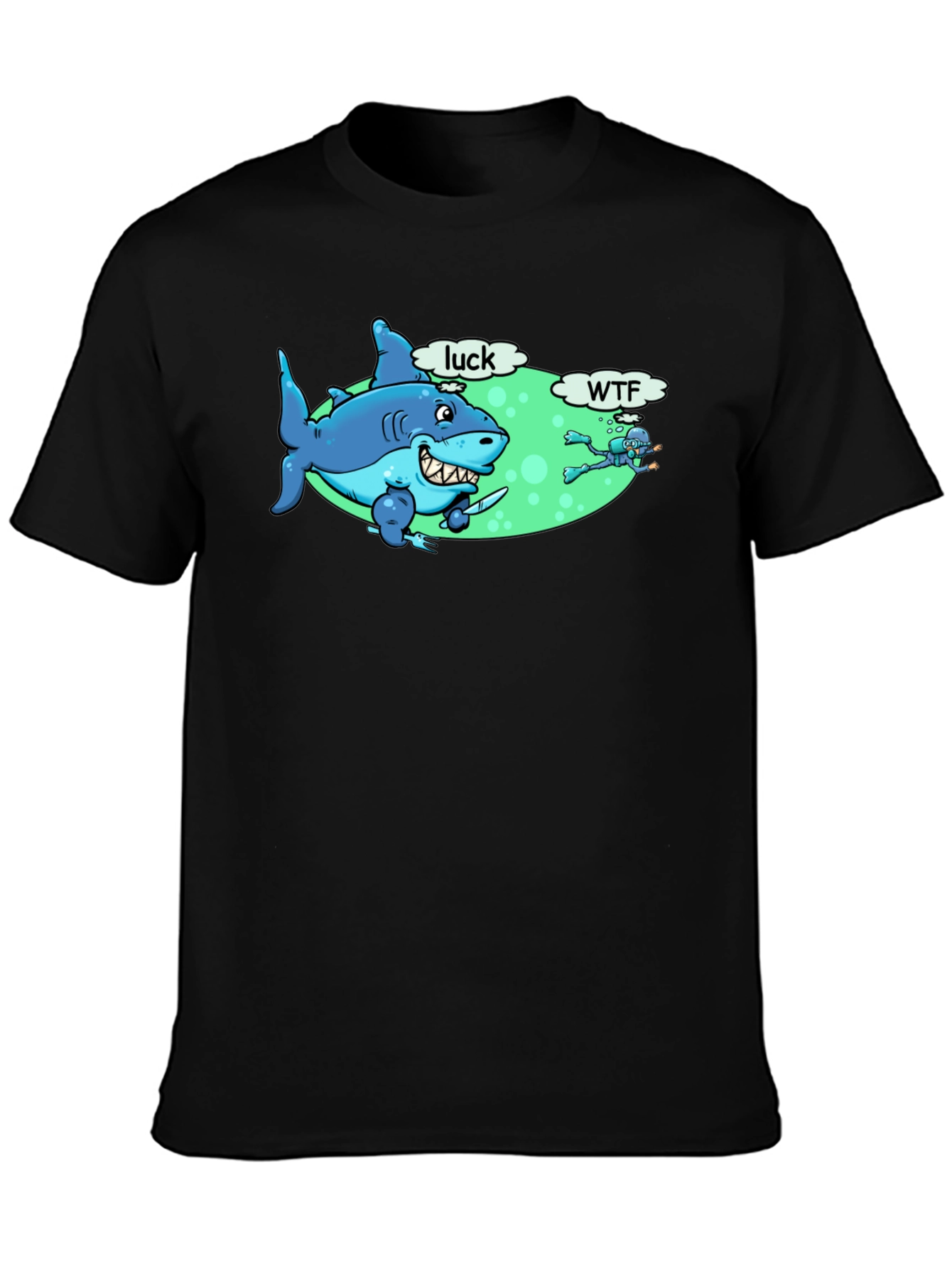 Funny Shark Luck WTF Mens Black T-Shirt