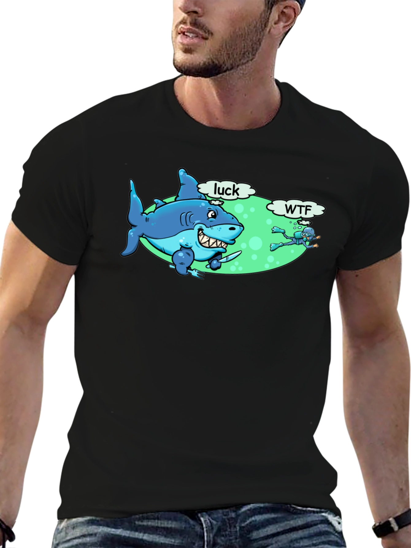 Funny Shark Luck WTF Mens Black T-Shirt