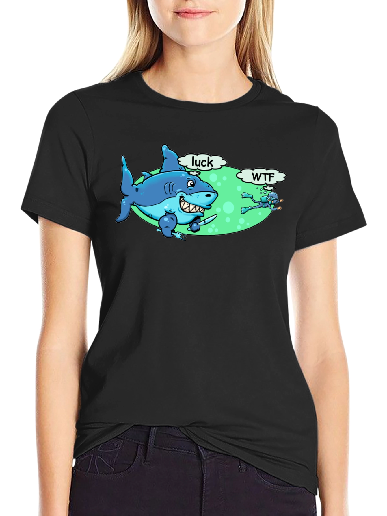 Funny Shark Luck WTF Mens Black T-Shirt