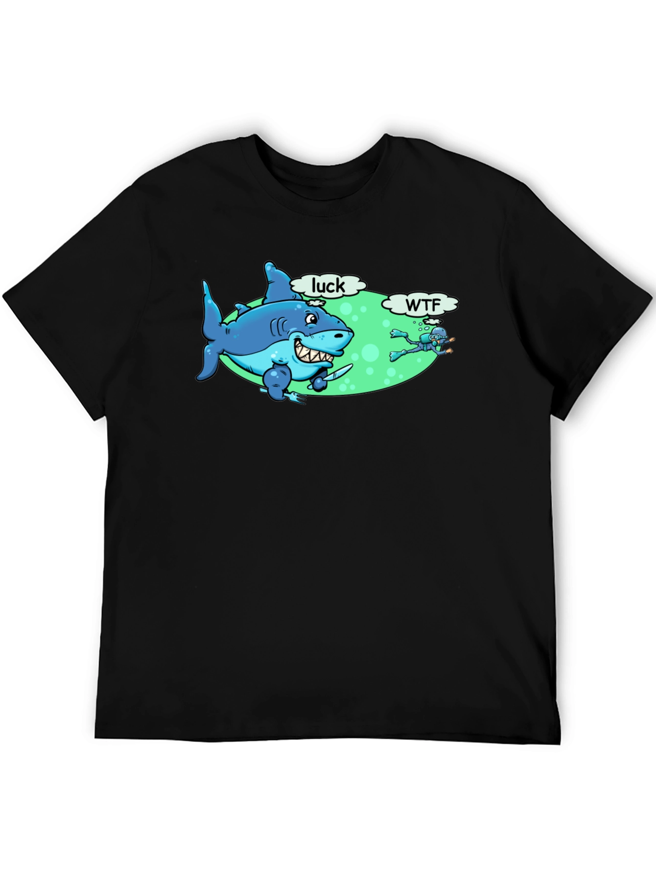 Funny Shark Luck WTF Mens Black T-Shirt