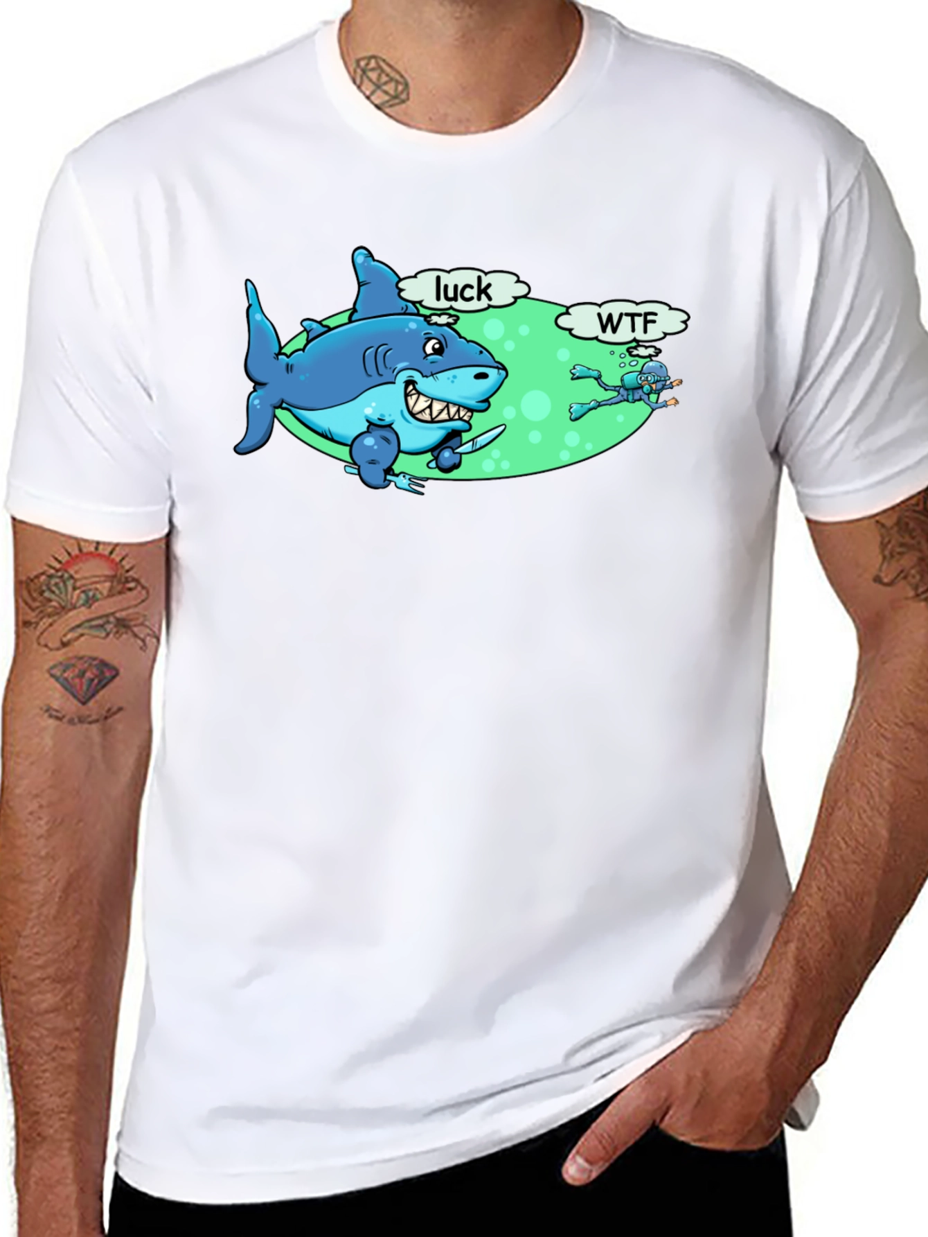 Funny Shark Luck WTF Mens Black T-Shirt