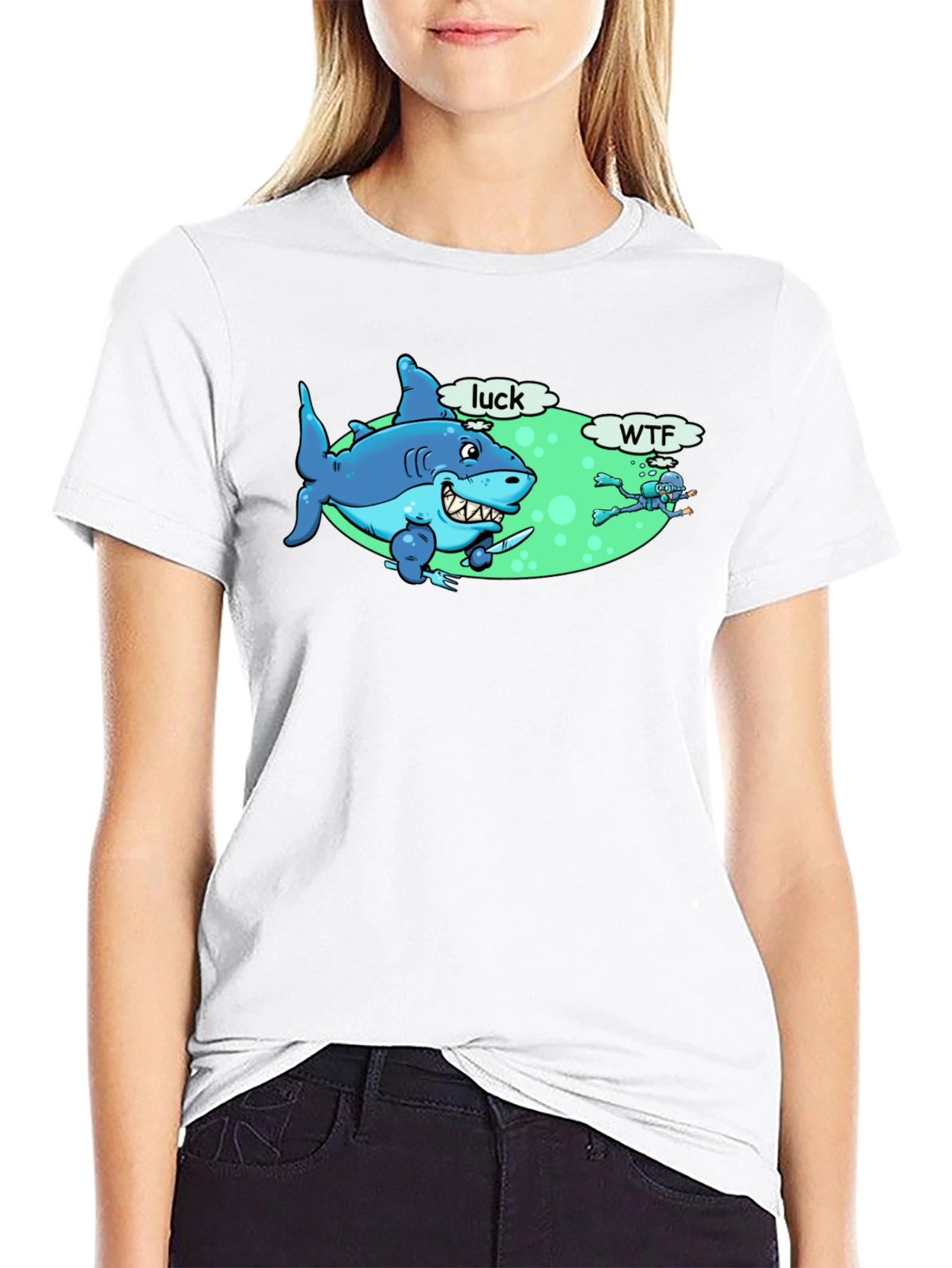 Funny Shark Luck WTF Mens Black T-Shirt