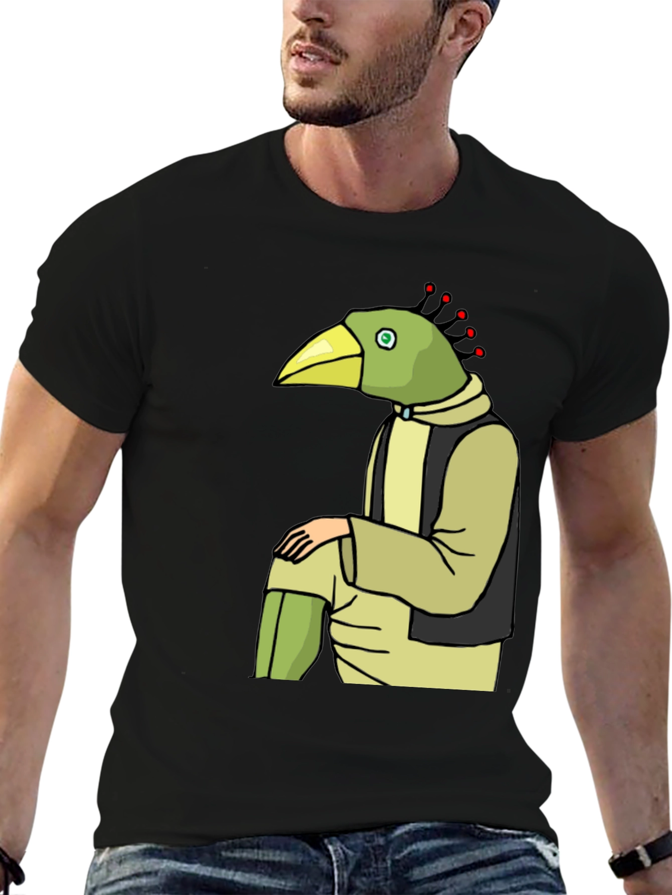 Unique Bird Character Graphic Tee - Casual Black T-Shirt
