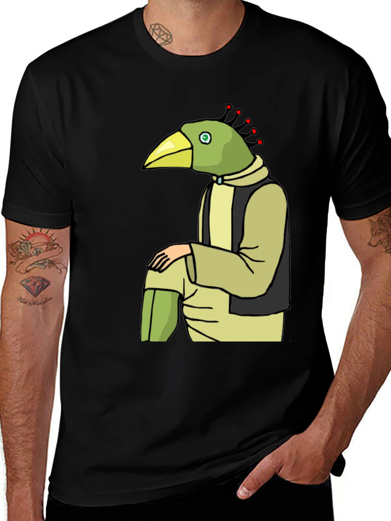 Unique Bird Character Graphic Tee - Casual Black T-Shirt