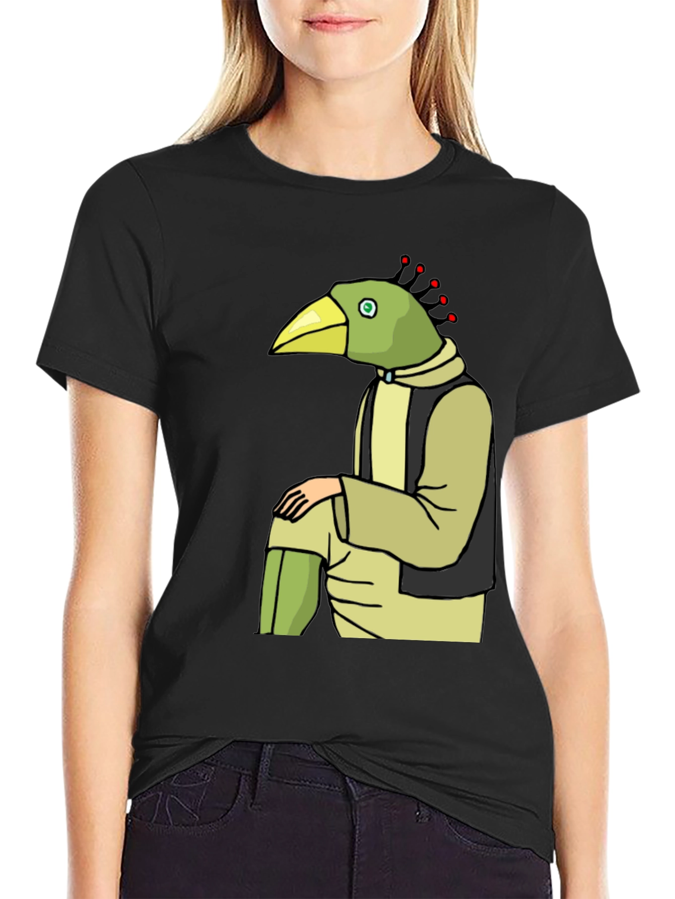 Unique Bird Character Graphic Tee - Casual Black T-Shirt