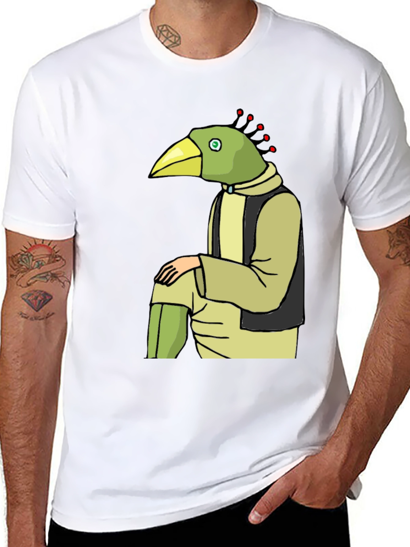 Unique Bird Character Graphic Tee - Casual Black T-Shirt