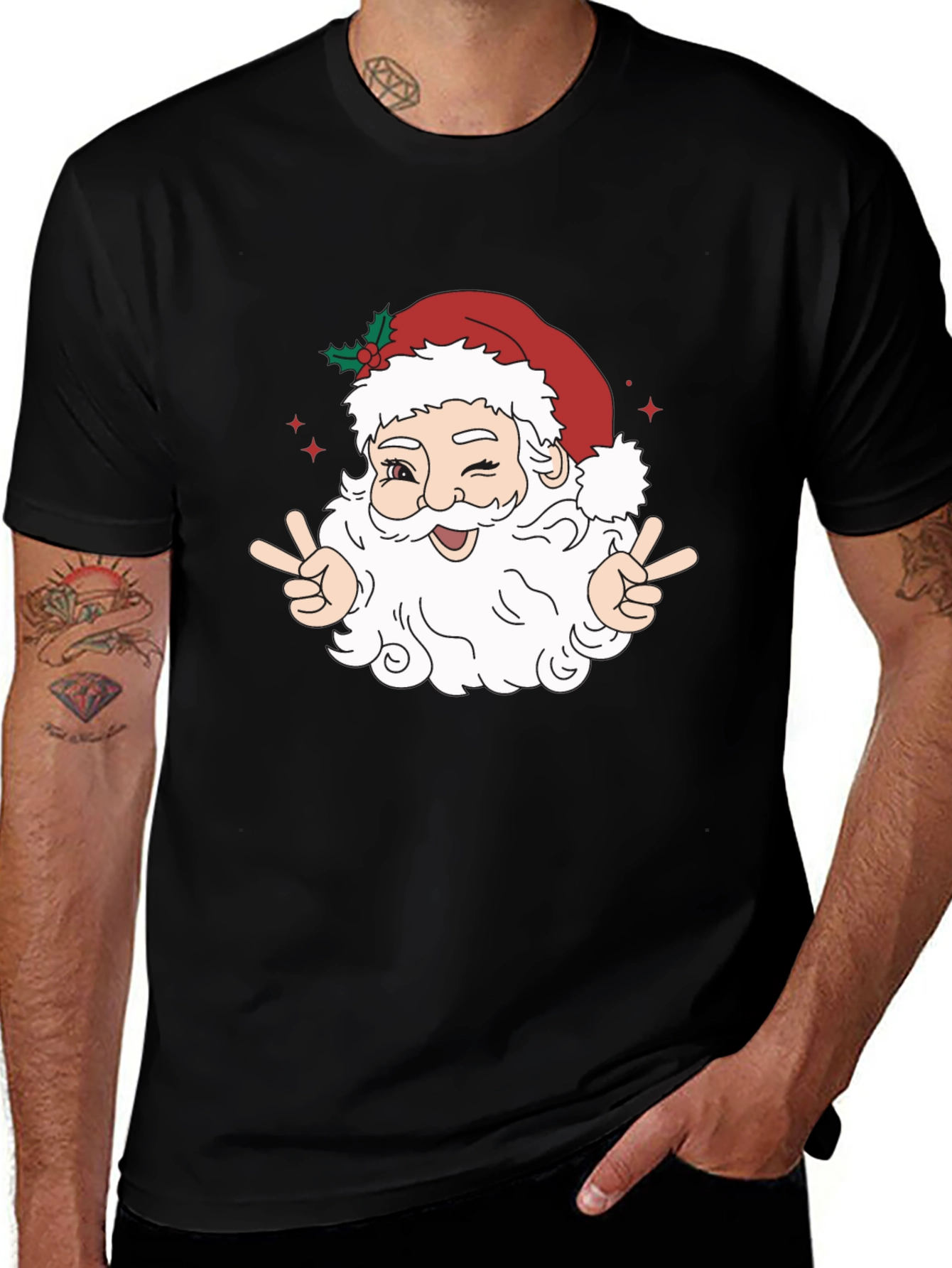Santa Peace Sign Black T-Shirt